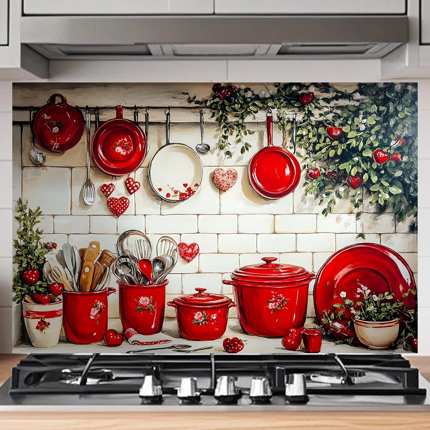 Nuxovilar Peel and Stick Backsplash Red Vintage Kitchenware Heart Pattern Backsplash Tile 17.72"x27.56", Peel and Stick Backsplash for Kitchen, Ideal for Romantic Kitchens, Vintage Spaces