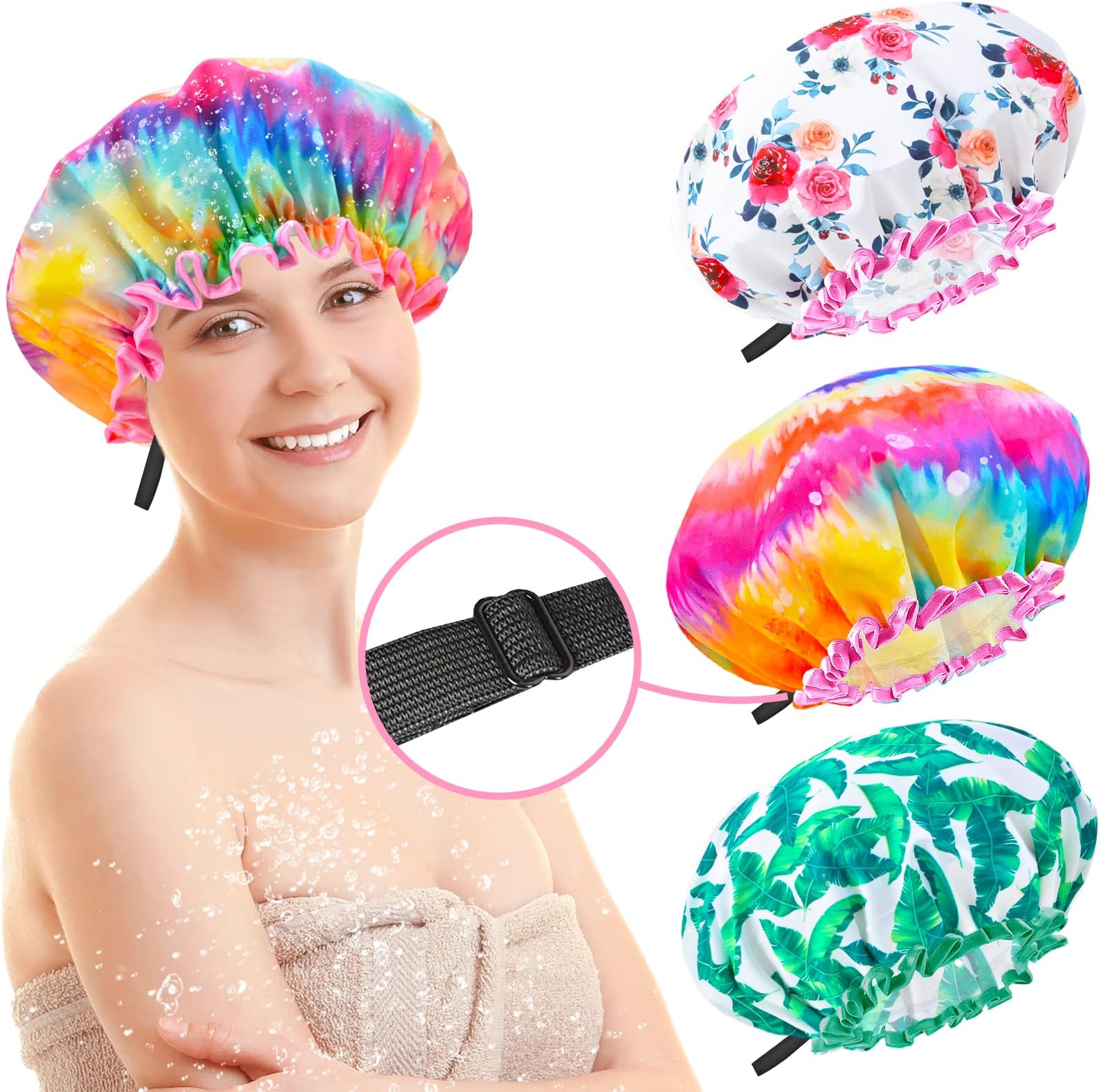 Shower Cap for Women, 3 Pcs Adjustable Shower Cap for