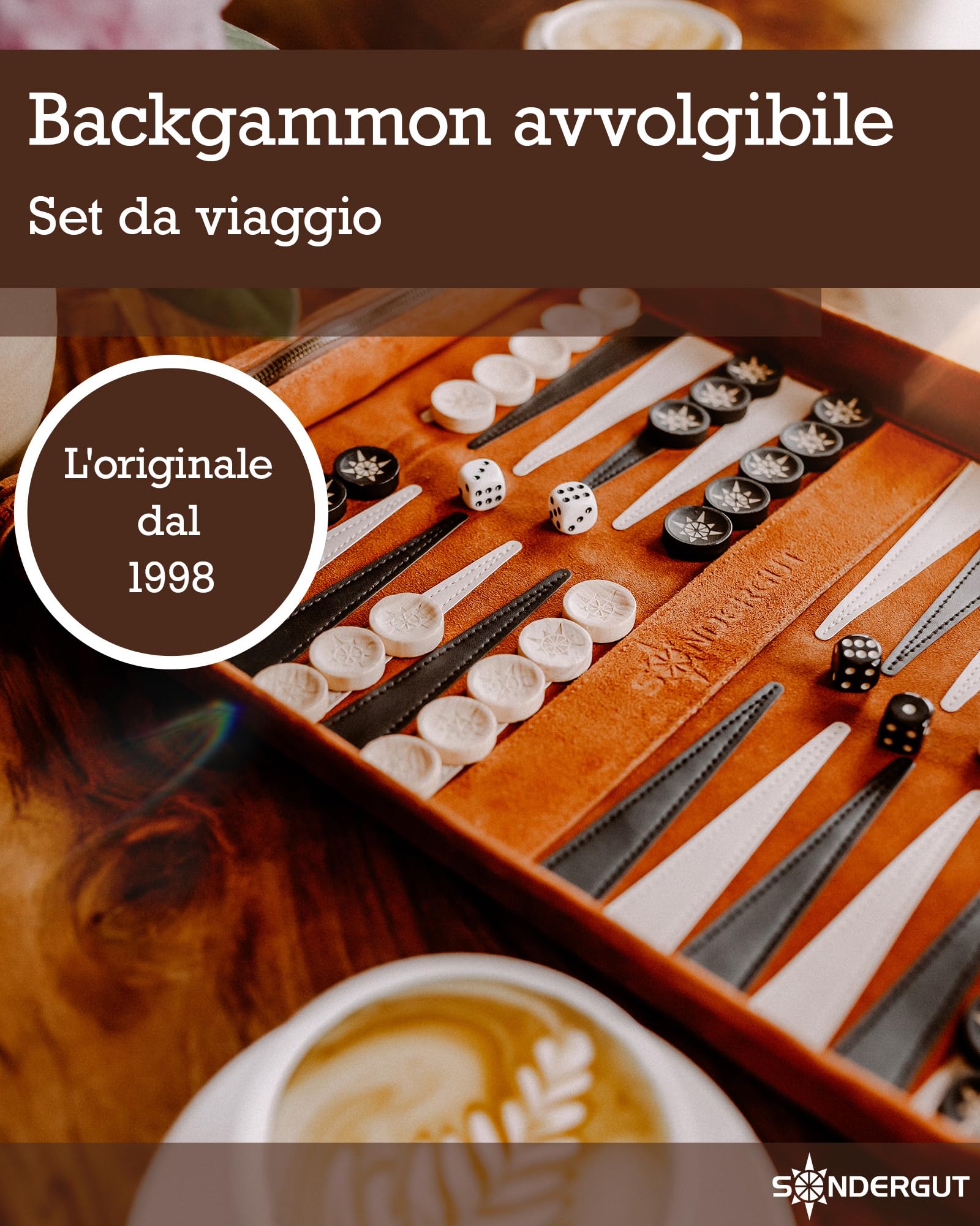 Sondergut Backgammon Deluxe – Design brevettato pieghevole e vera pelle – Design elegante – Pietre da gioco in legno di faggio di alta qualità, 30 x 40 cm