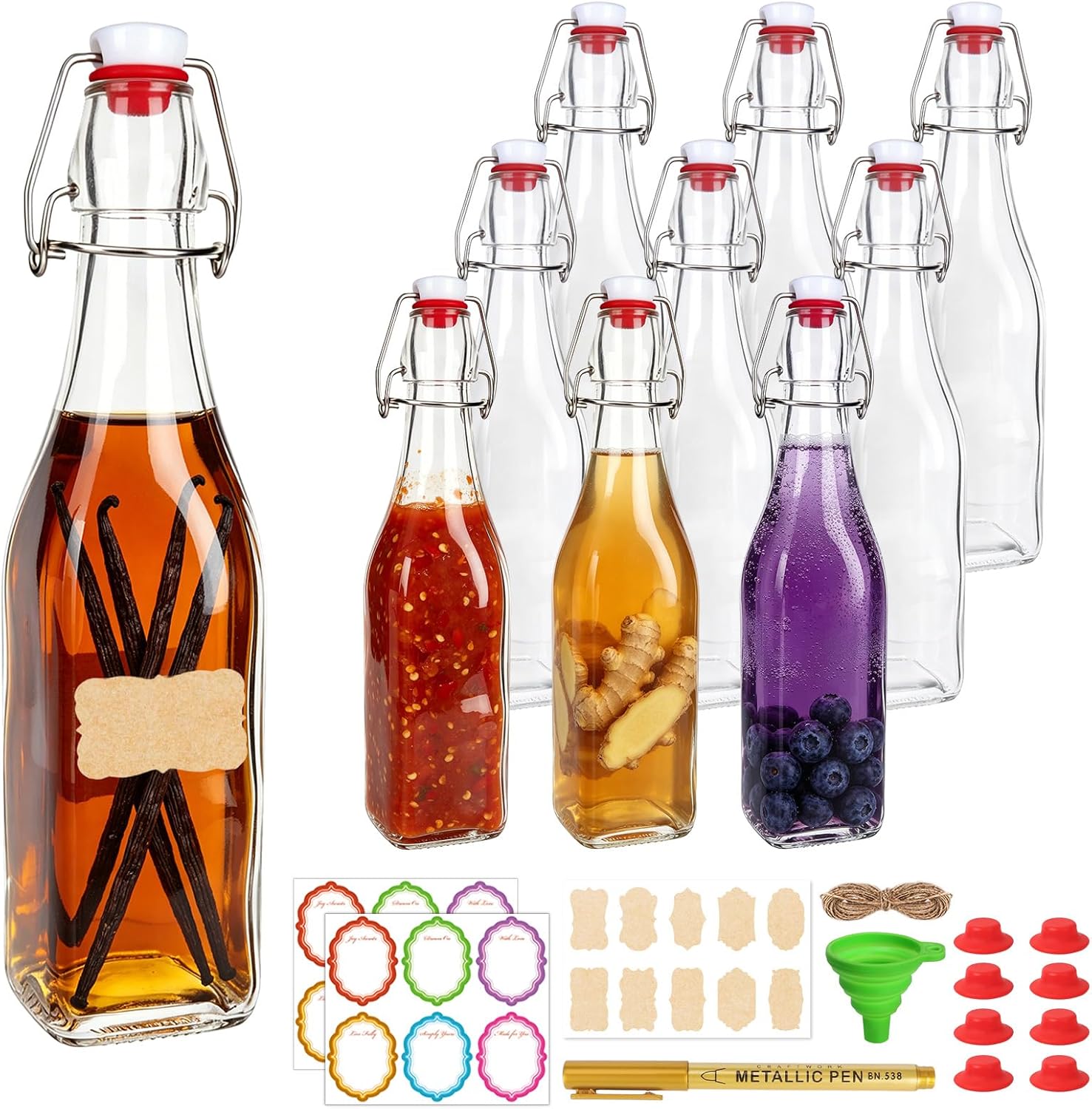 BIGIVACA 12 Pack 8oz Square Swing Top Glass Bottles – Flip Top Bottles with Stoppers for Vanilla Extract, Kombucha, Kefir, Home Brewing, Fermentation & Gifting, Includes 8 Extra Seals & 2 Pourers
