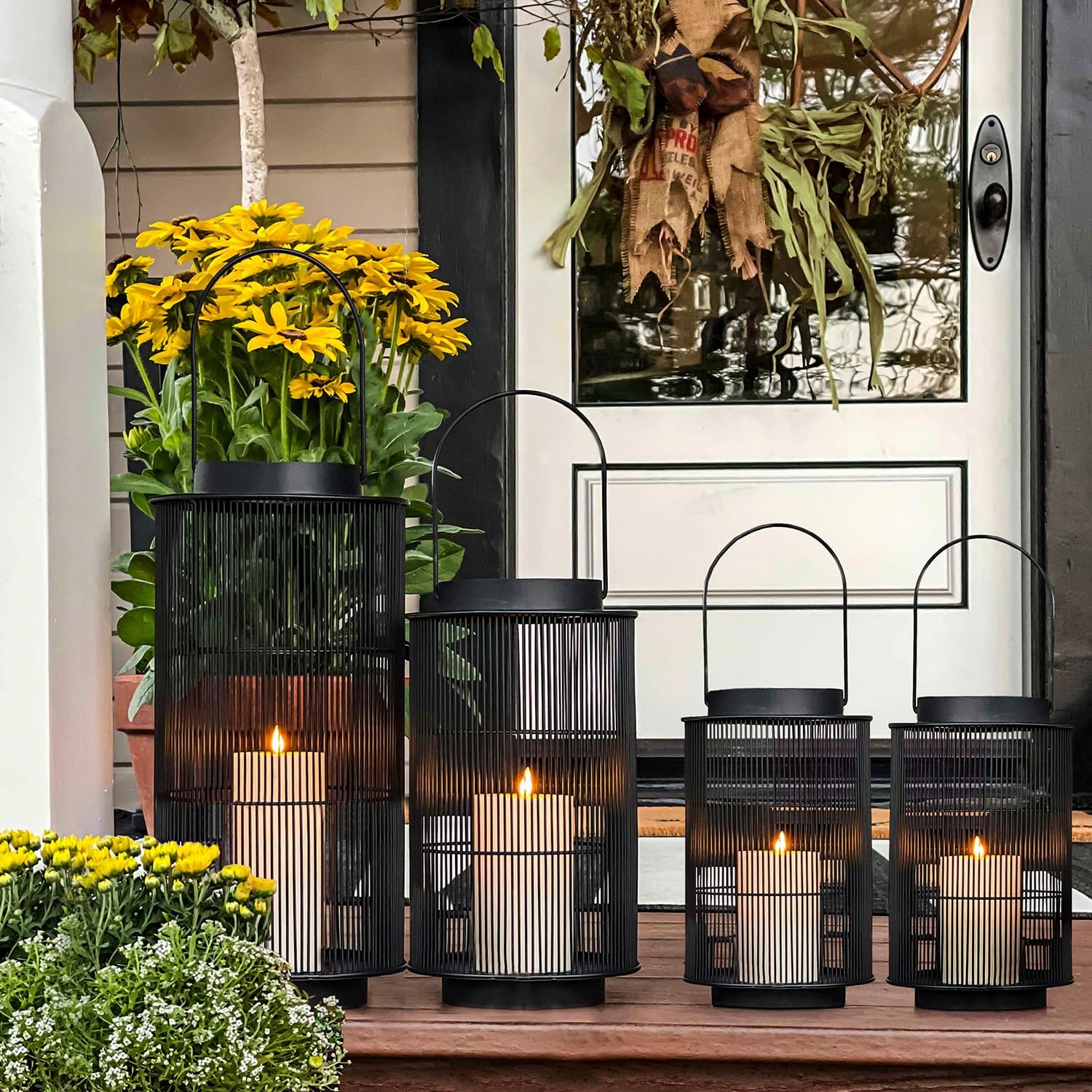 LampLust Outdoor Lanterns Decorative Spring Patio Decor, Set of 2, 8 Inch Black Metal Candle Lanterns, Battery Operated LED with Timer, Front Porch, Spring Outdoor Decorations, Modern Farmhouse Decor
