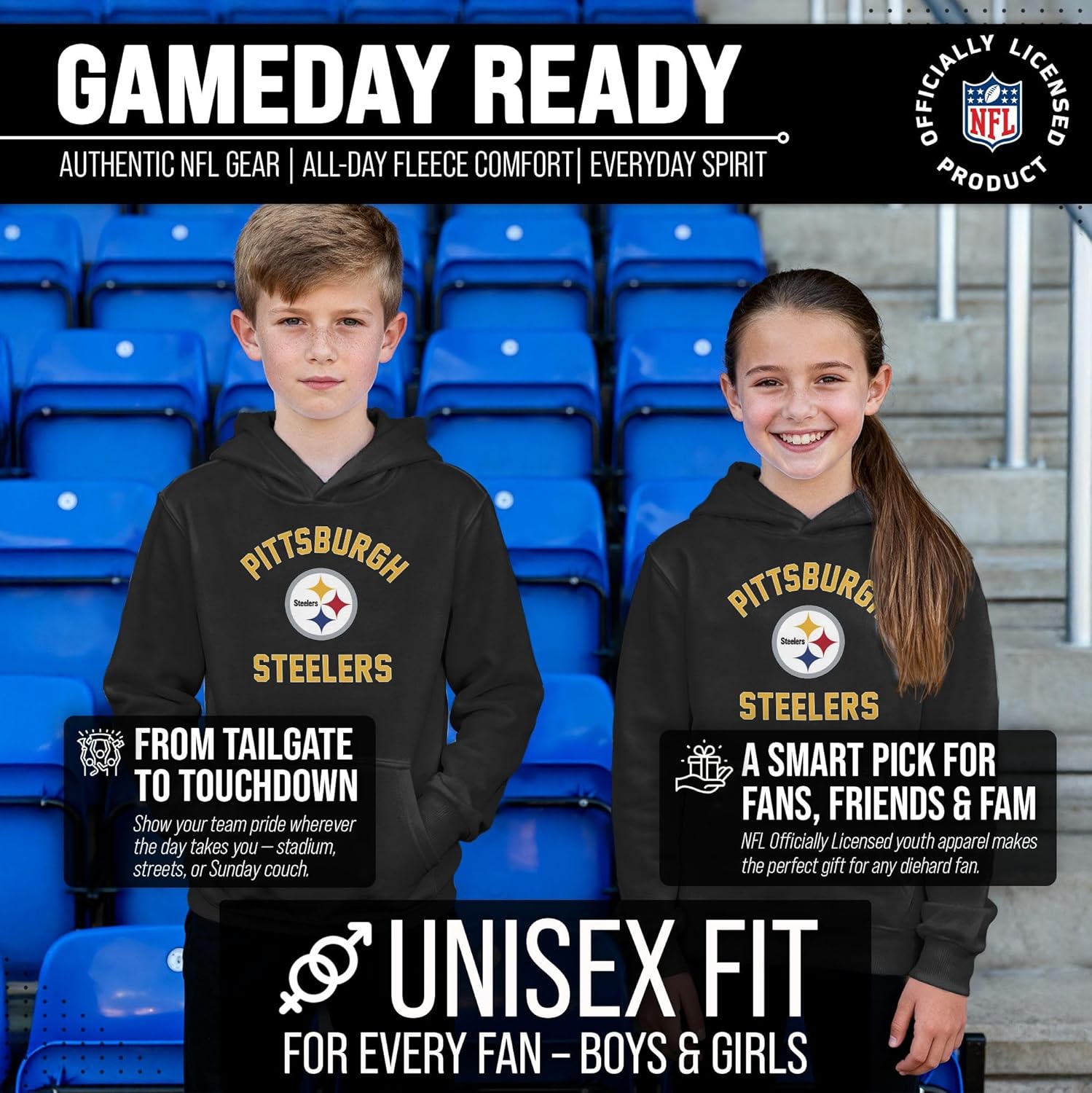 Team Fan Apparel NFL Youth Gameday Hooded Sweatshirt, Pro Football Hoodie Pullover Sweatshirt, Sports Apparel Boys and Girls