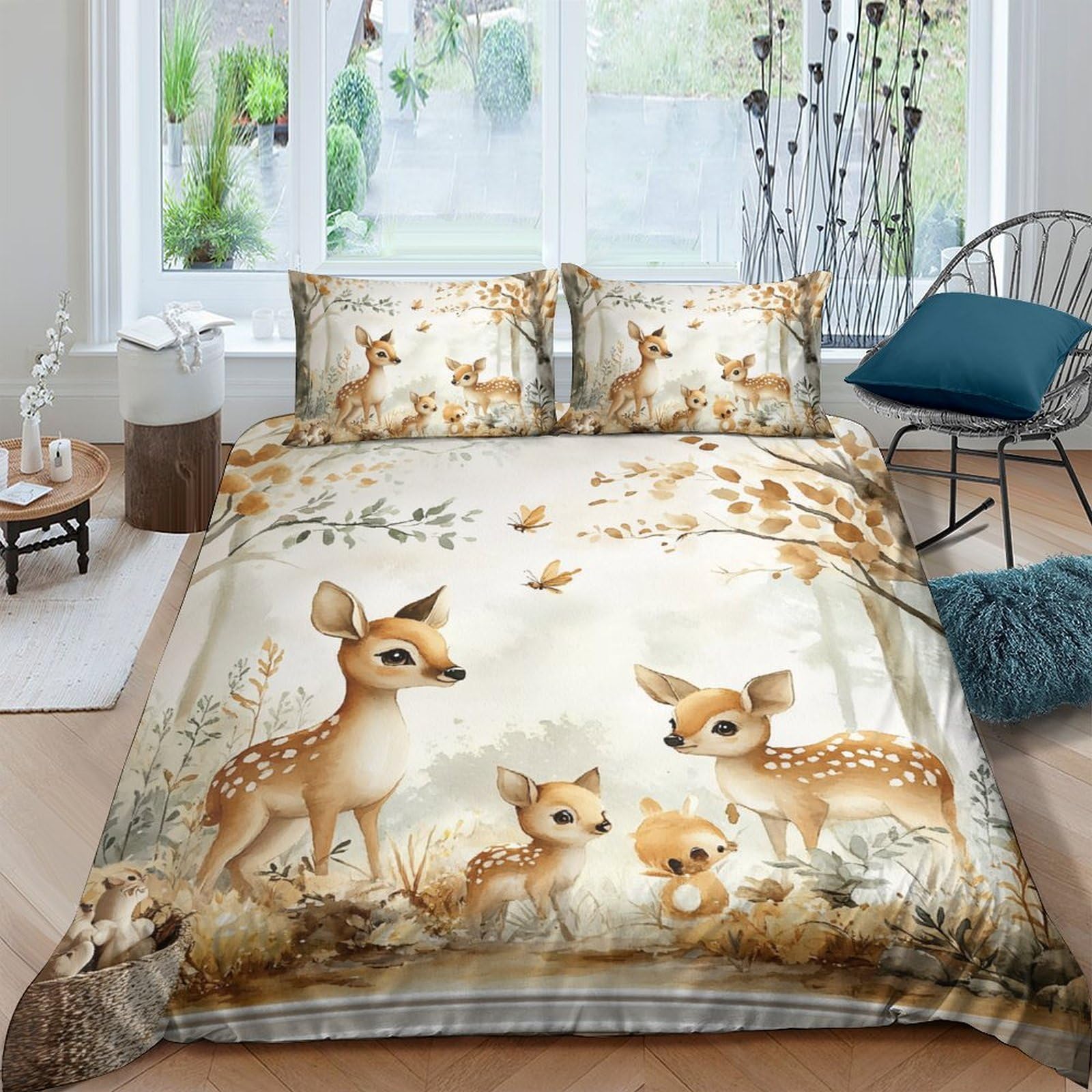 GPLZQXKJNH 3D Printed Woodland Deer Duvet Cover Microfiber Soft Breathable Forest Fawn Bedding Set with 2 Pillowcases for Bedroom Home Decor Single（135x200cm）