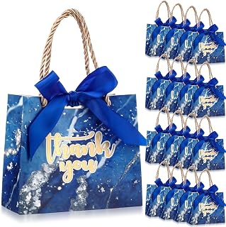 AmazingSpark 40 Pack Thanksgiving Thank You Gift Bags with Handles 5.5''x 2.4''x4.7'' Mini Gift Bags Paper Bulk Marble with Bow Ribbon for Party Favor Wedding Bridal Shower(Royal Blue)