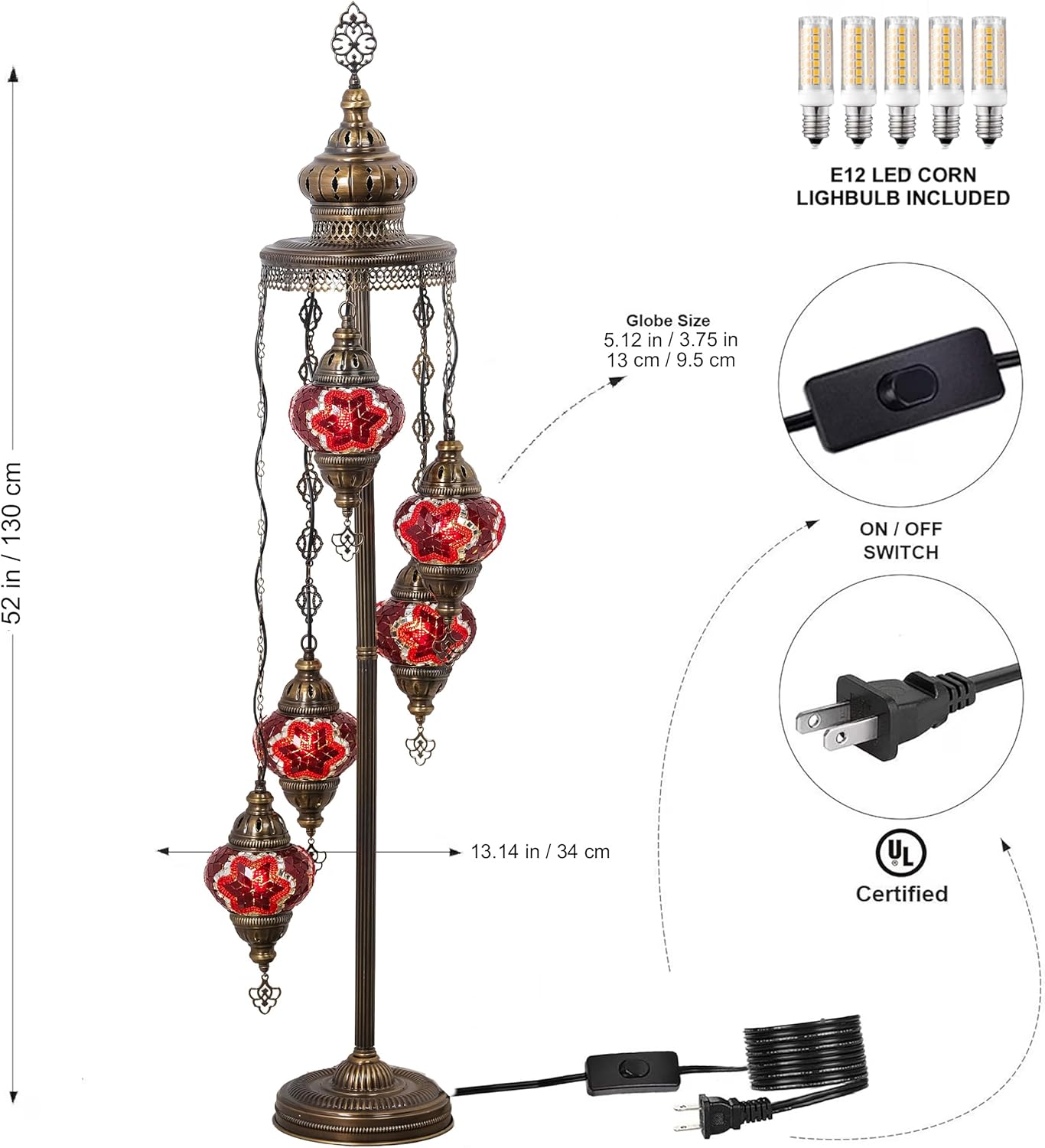 Mozaist Turkish Mosaic Floor Lamp with Bulbs – Handmade Multi Globe Moroccan Standing Lamp, Authentic Stained Glass Light, Bohemian Home Decor (Red, 5 Globe Floor Lamp)