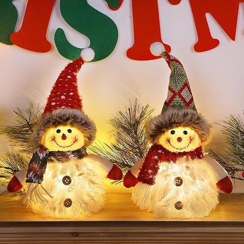 Miniatura 6 de Juegoal Paquete de 2 decoraciones de mesa de Navidad, figuras de muñecos de nieve de felpa iluminadas de 10 pulgadas, regalo de vacaciones de muñeco