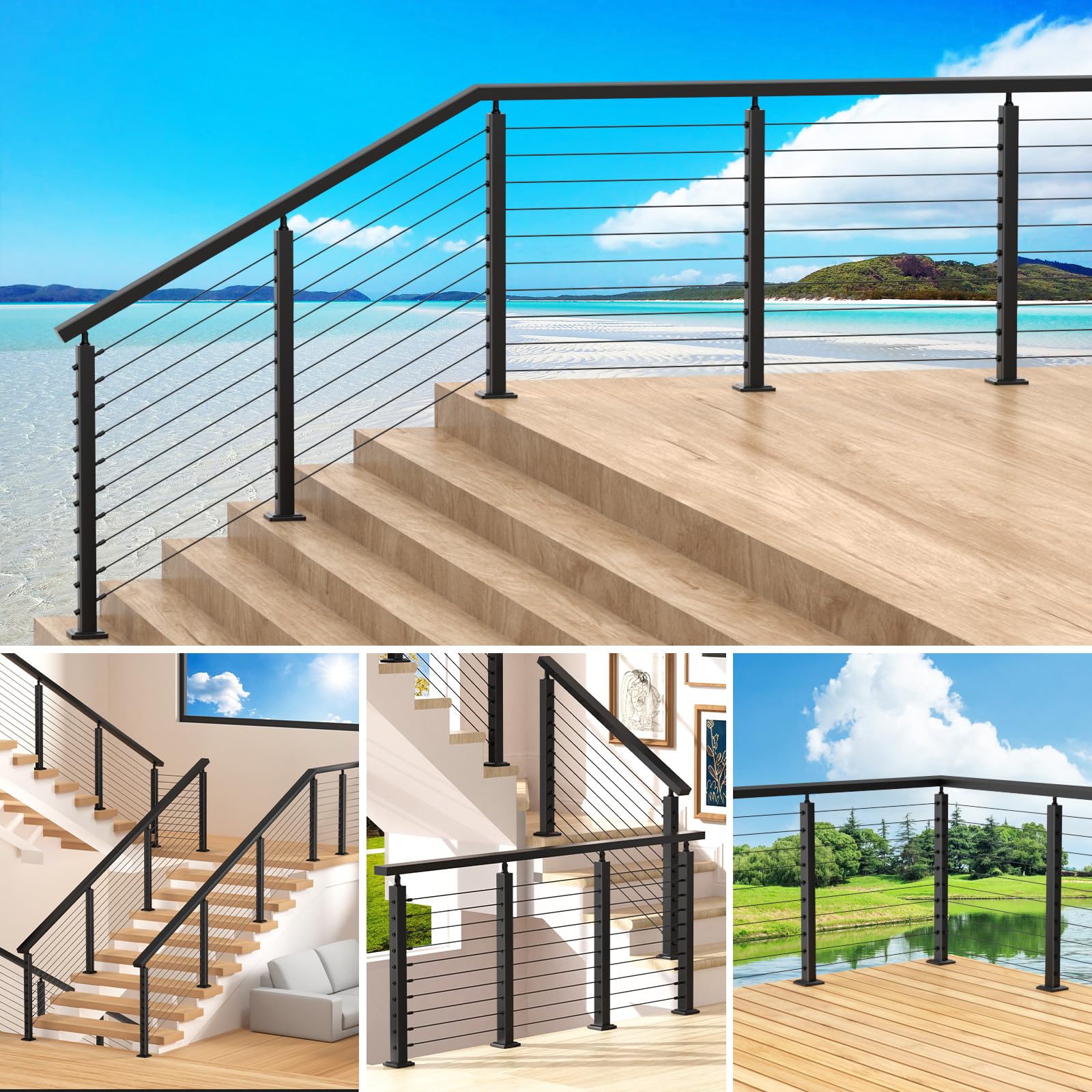 CKE 15-20ft Complete Set 36" Cable Railing Post Kit, 4Pack Adjustable Top Level Drilled Line Posts(35"x2"x2"), 250ft 1/8" Wire Rope, Black Swageless Invisible Cable Railing Kit (No Handrail) LPS01