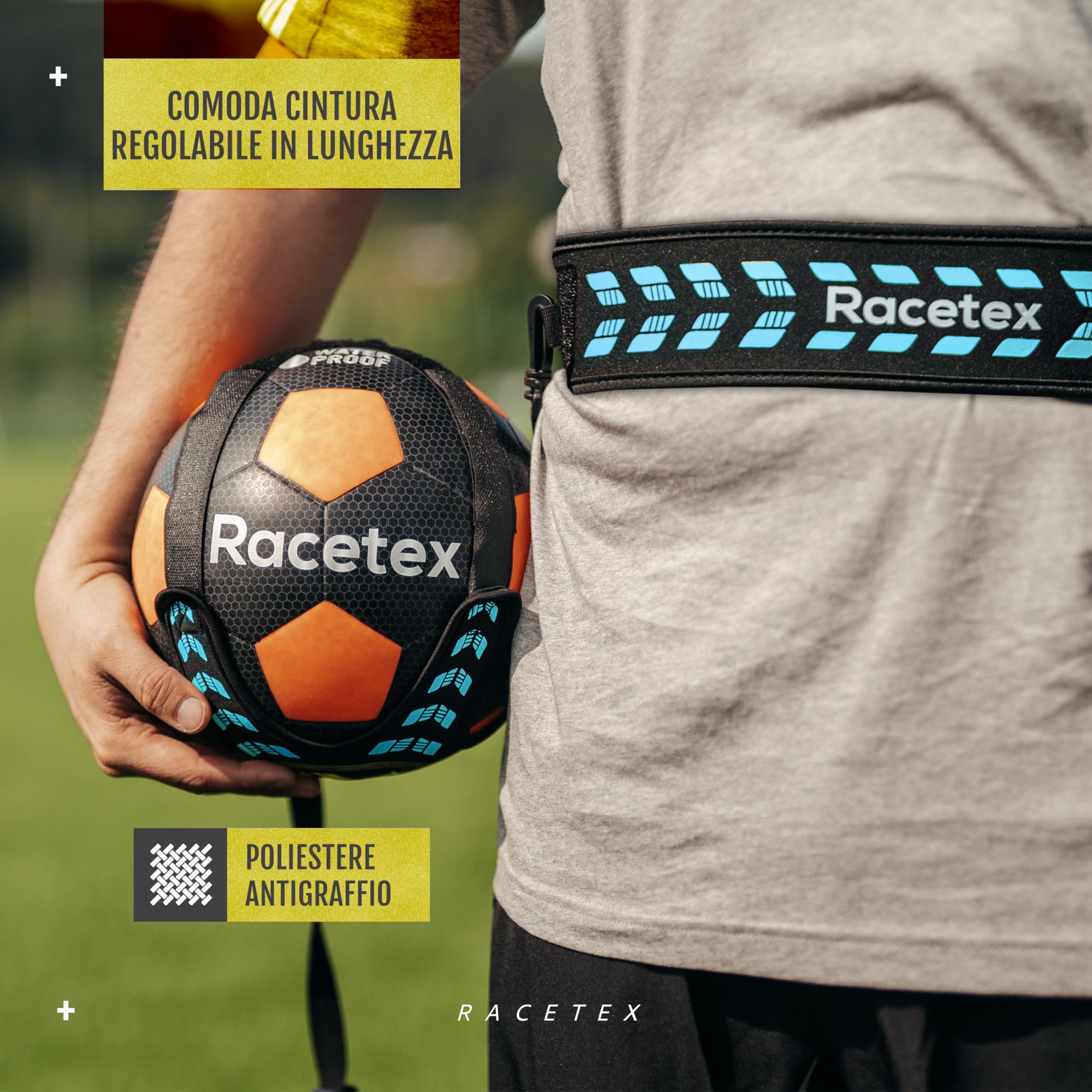 Racetex Allenatore di calcio con corda [lunghezza regolabile] – Il dispositivo di allenamento perfetto per calciatori – Accessori per calcio – Cintura per allenamento calcio – Idea regalo