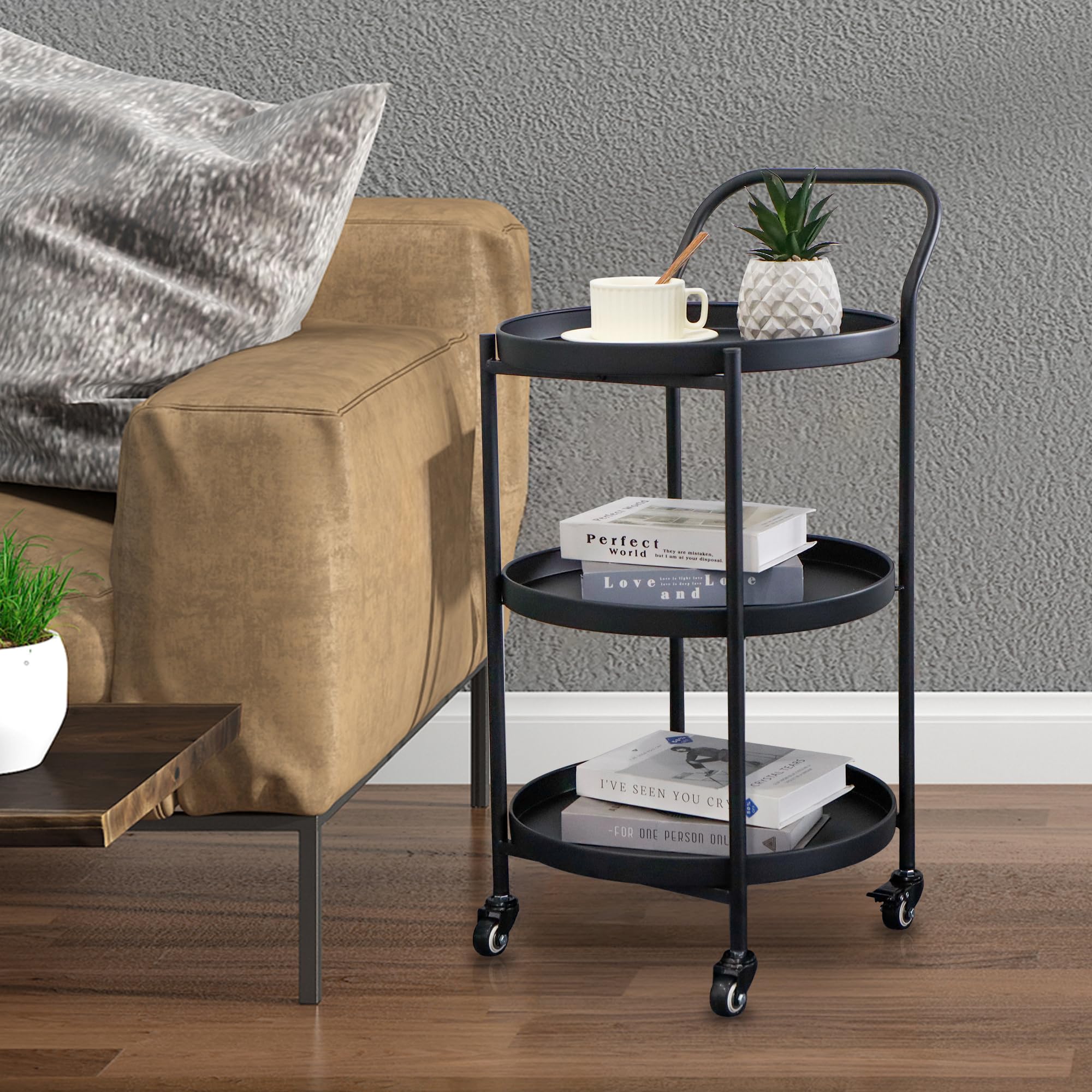 TRIROCKS Elegante Carro Bar Redondo de 78 cm de Alto, 3 Niveles Metálico con Ruedas, Carrito de Servicio para Cocina y Entretenimiento (Negro)