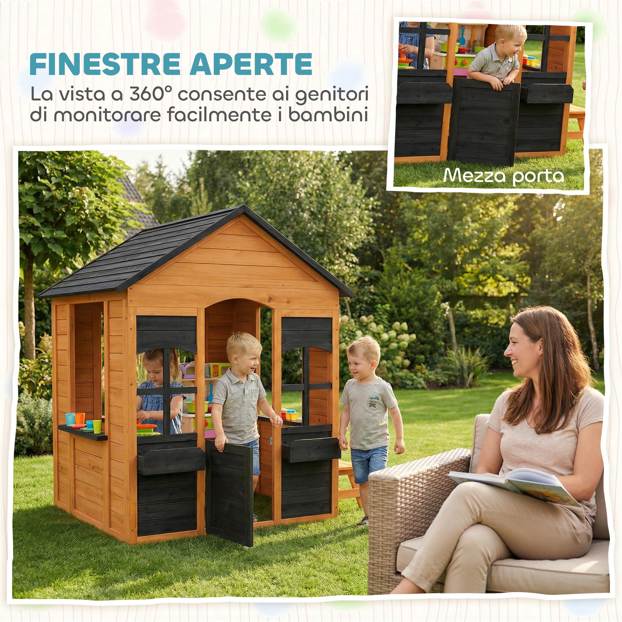 AIYAPLAY Casetta da Giardino per Bambini 3-8 Anni con Tetto, Marrone Chiaro | Legno di Abete, Esterno Interno, Mezza Porta, Finestre, Portavasi, 110.6x106.6x138 cm