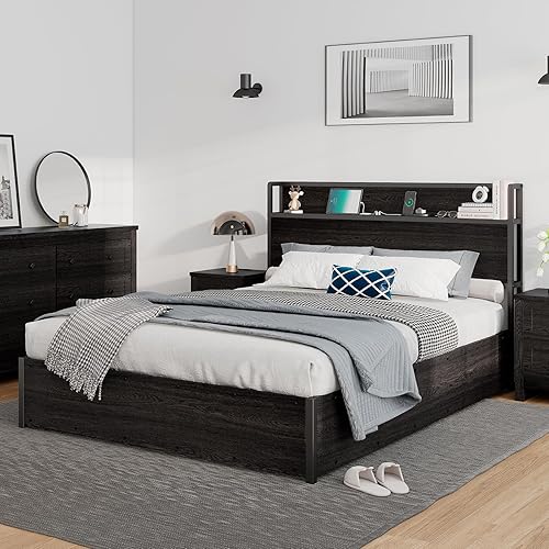 Miniatura 26 de Cama de almacenamiento elevable de tamaño matrimonial, marco de cama de plataforma de madera con cabecera de almacenamiento y estación de carga, no