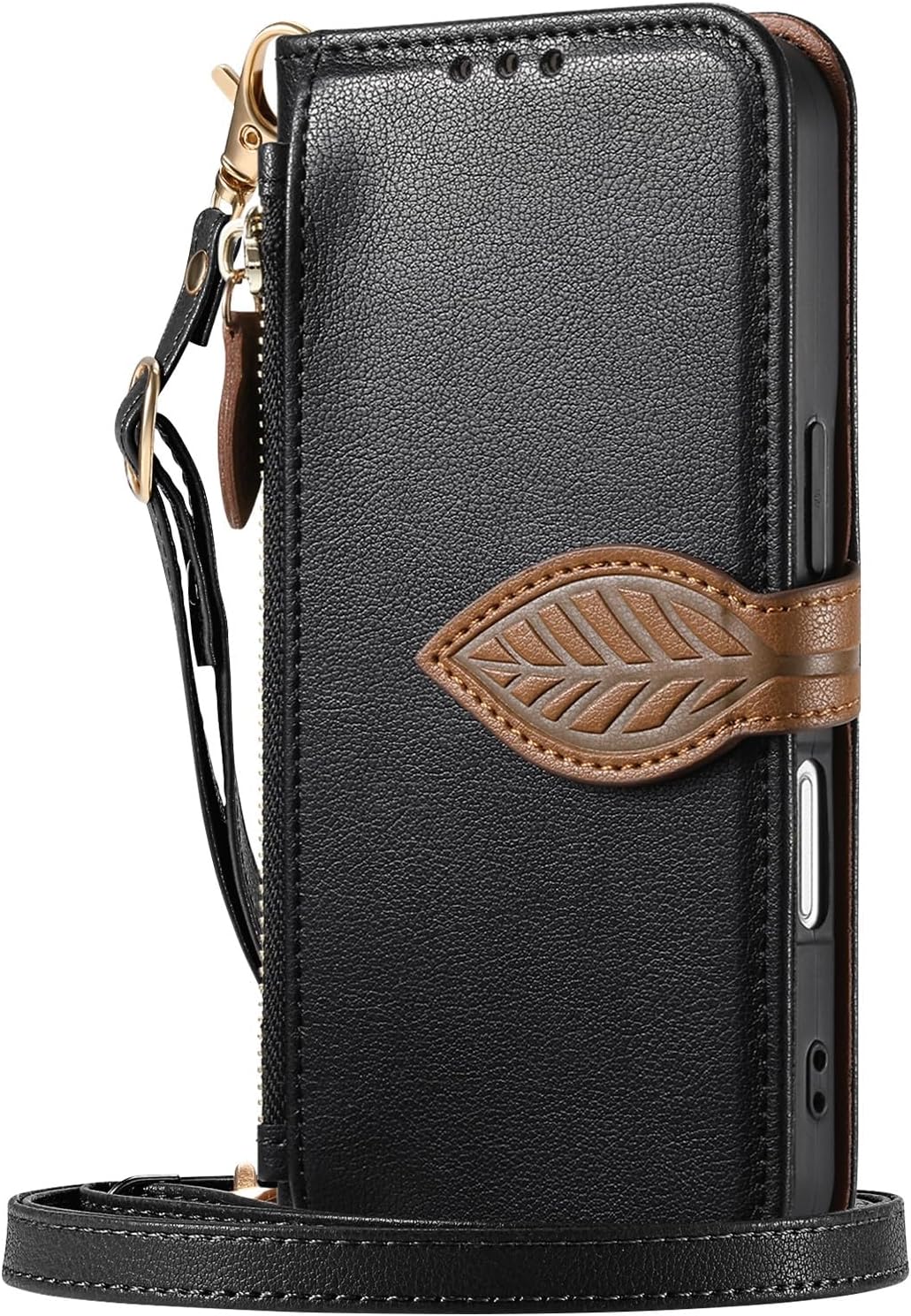 case Compatible with for iPhone 17 (Color: Black) – leaf magnetic Leather Flip Zipper Wallet back Case Strap