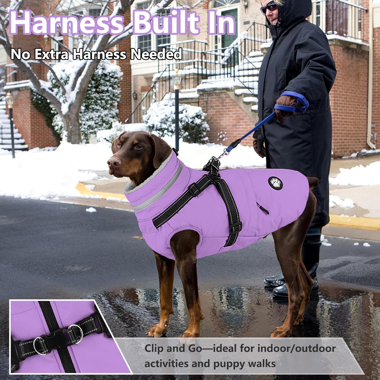 Dogcheer Dog Coat with Harness, Waterproof Dog Jacket, Reflective Puppy Winter Jacket with Pocket, Doggy Turtleneck Fleece Vest for Small Medium Large Dogs - Taro Purple, 2XL