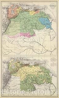 Historic Map : Venezuela, 1840 Mapas fisicos de Venezuela, Vintage Wall Art : 22in x 36in