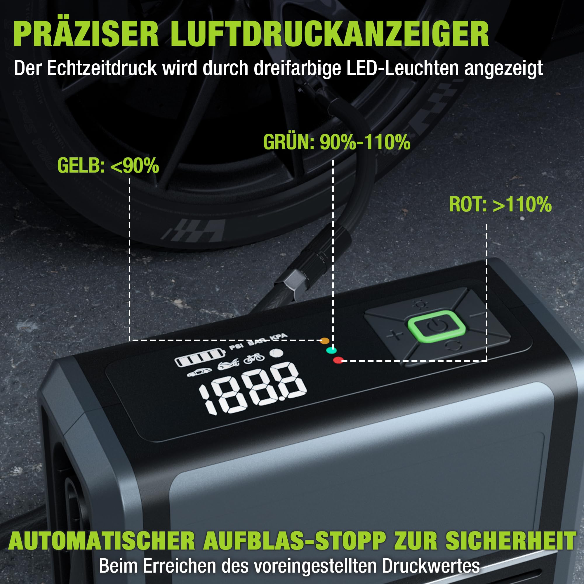 WORKPRO Kabellose Elektrische Luftpumpe 3-in-1 mit LED-Licht, Powerbank, Akku Kompressor mit Display & Abschaltautomatik, für Auto, Fahrrad, Motorrad, Bälle – USB & 12V Ladeoption | Digitales Display und automatische Abschaltung zum Aufpumpen von Auto, Mo