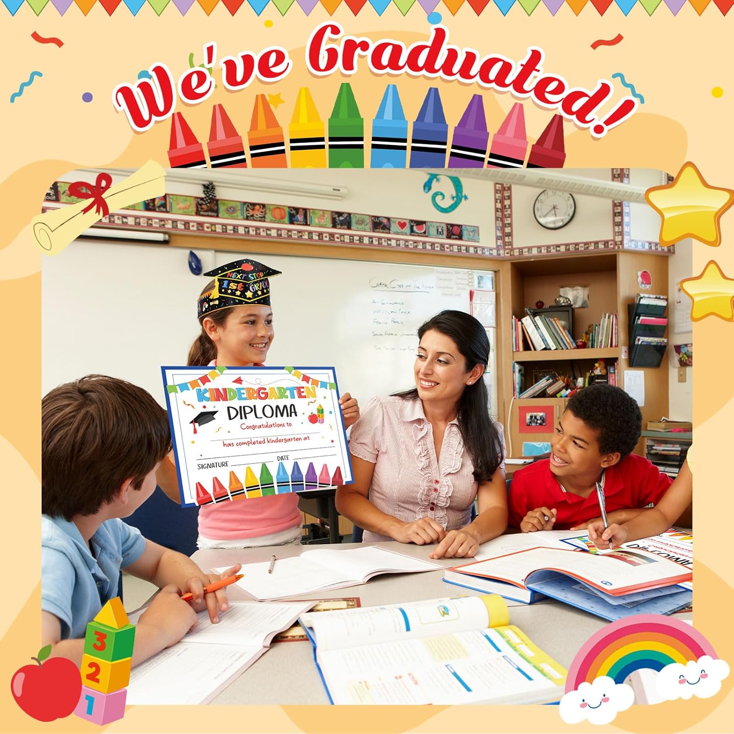 Karenhi 72 Pcs Paper Supplies - Kindergarten Diploma Certificates, Graduation Crowns and Hats, Kids Classroom Favors