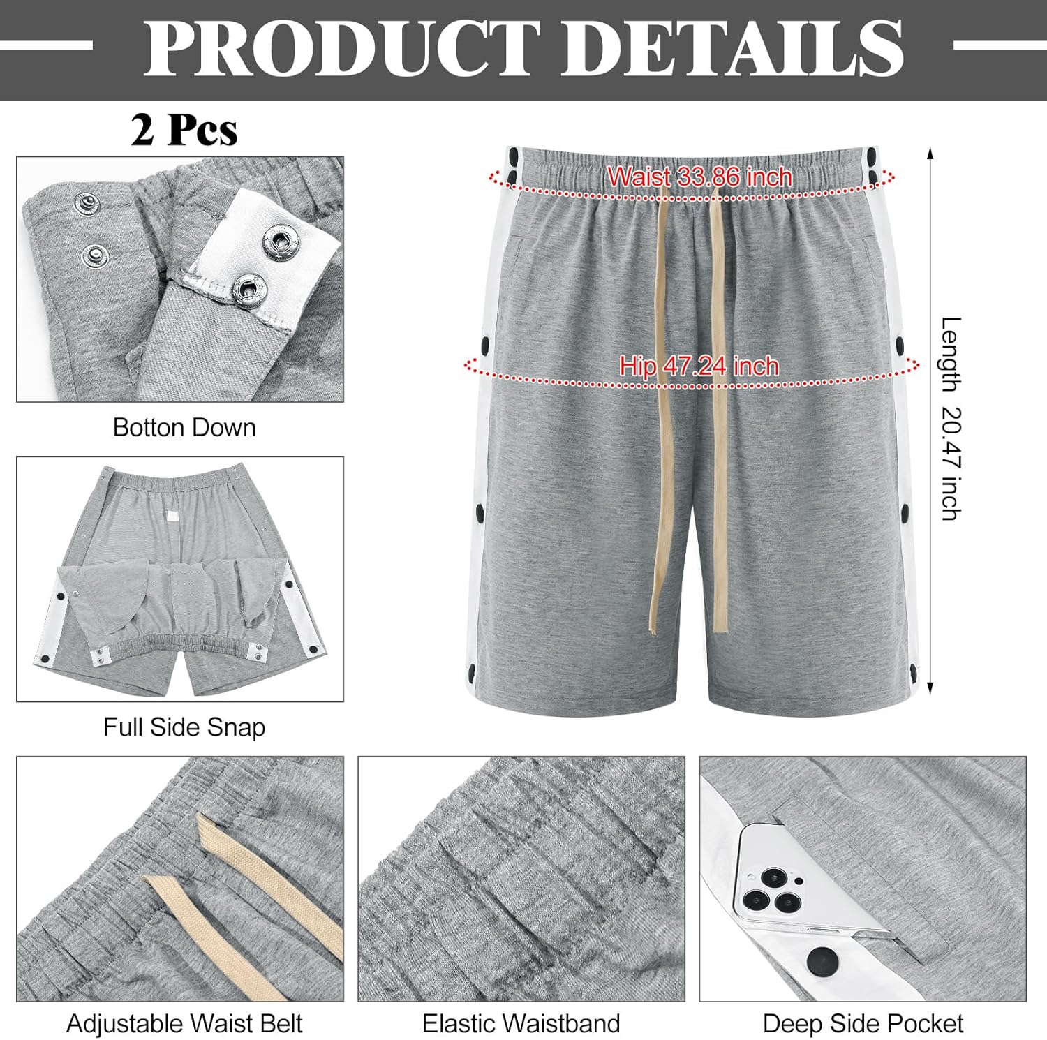 2 Pcs Mens Tear Away Shorts Surgery Recovery Shorts for Man Snap Tear Away Pant with Pockets Adaptive Post Hip Knee Surgery Recovery Clothing with Waist Tie, XL Size, Black, Gray - Image 3