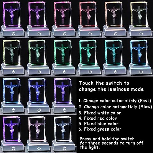 Miniatura 3 de YWHL Figura de cruz de Jesús 3D con base de luz colorida, crucifijo grabado con láser, regalo religioso para mujeres amigas, decoración de cruz