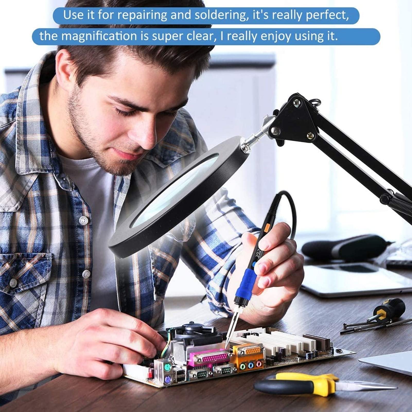 Focket Lente d'Ingrandimento 5X con Luce e Supporto, Lampada d'Ingrandimento LED a Braccio orientabile Regolabile, Lampada Tavolo dimmerabile, Luce banco per la Lettura Artigianale