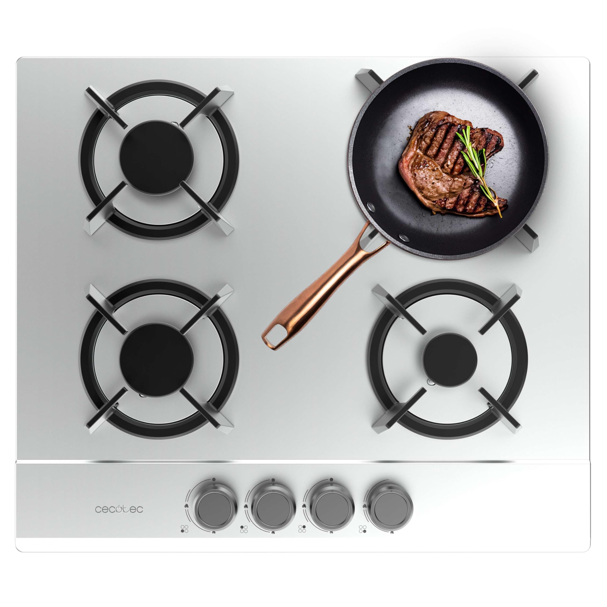 Cecotec Gaskochfeld Bolero Squad GN 4200S Inox, 4 Brenner, 8 kW Leistung, Edelstahl, WOK Triplekorona, Gusseisen Einzelgitter, Elektronische Zündung, Sicherheitsventil und GLP-Umrüstungszubehör