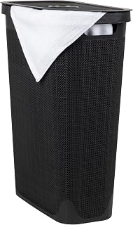Mind Reader Slim Laundry Hamper with Lid, 40L Clothes Basket, Linen Design, Plastic, Black