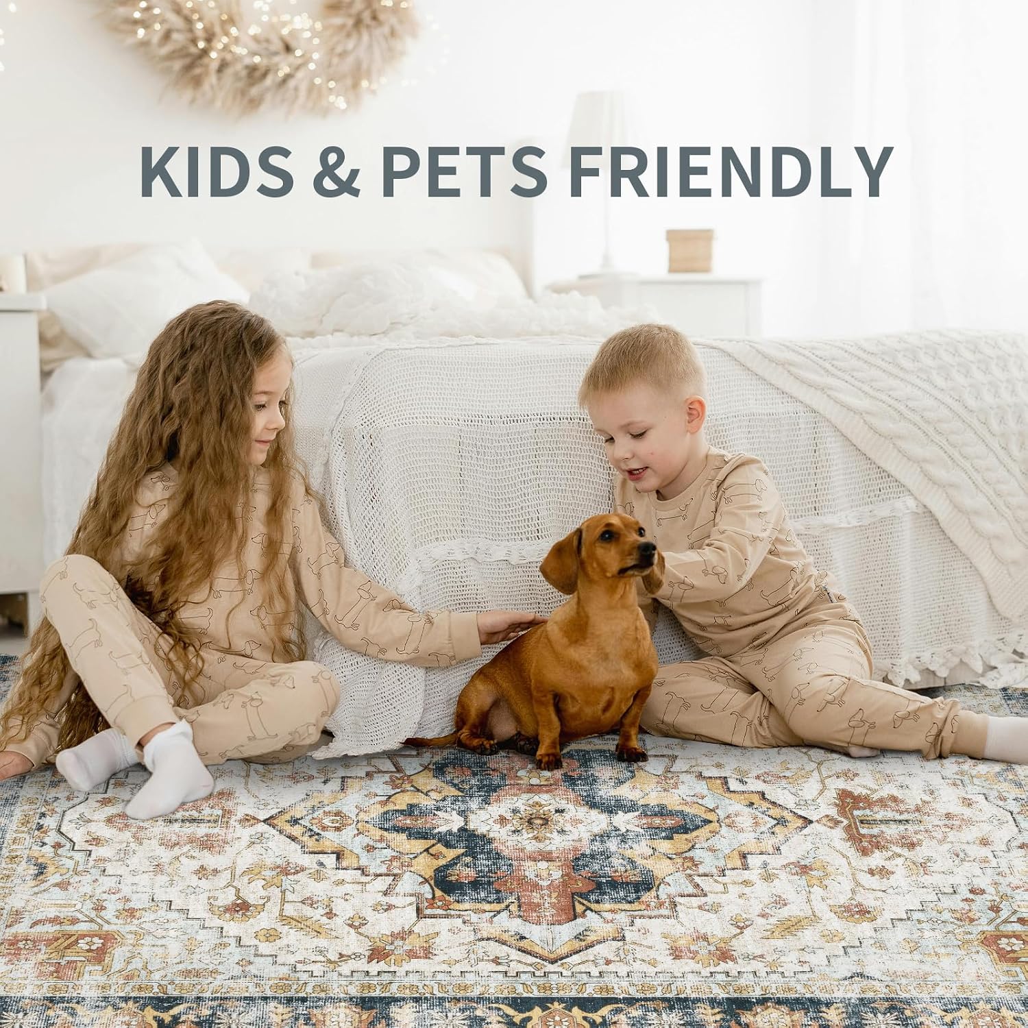 Washable 5x7 Area Rug Vintage Boho Persian Rugs for Living Dining Room Bedroom, Non Slip Stain Resistant Low Pile Retro Carpet