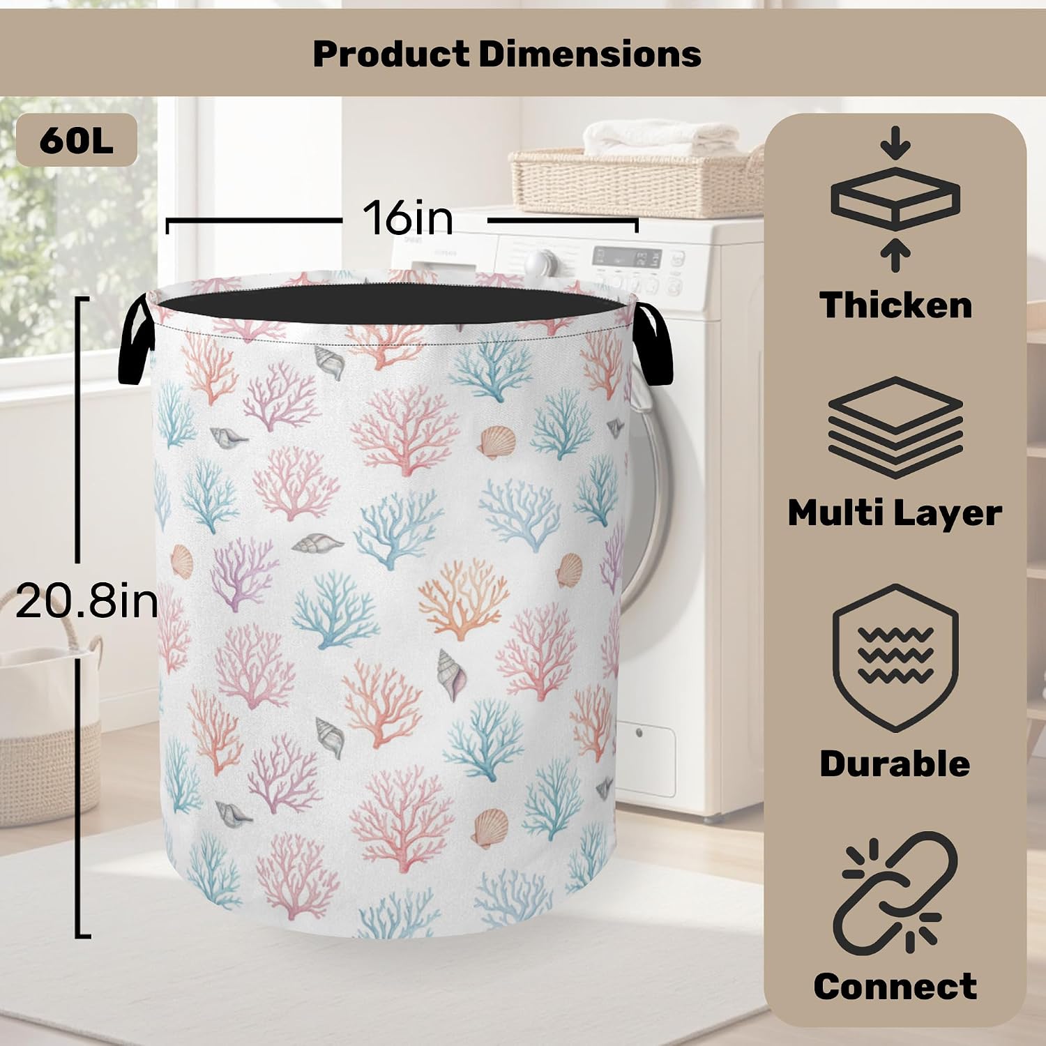 Starfish Coral Foldable Laundry Hamper - Waterproof Fabric Storage Basket with Handles, Clothes Hampers for Laundry,Bedroom,Dorm image 2