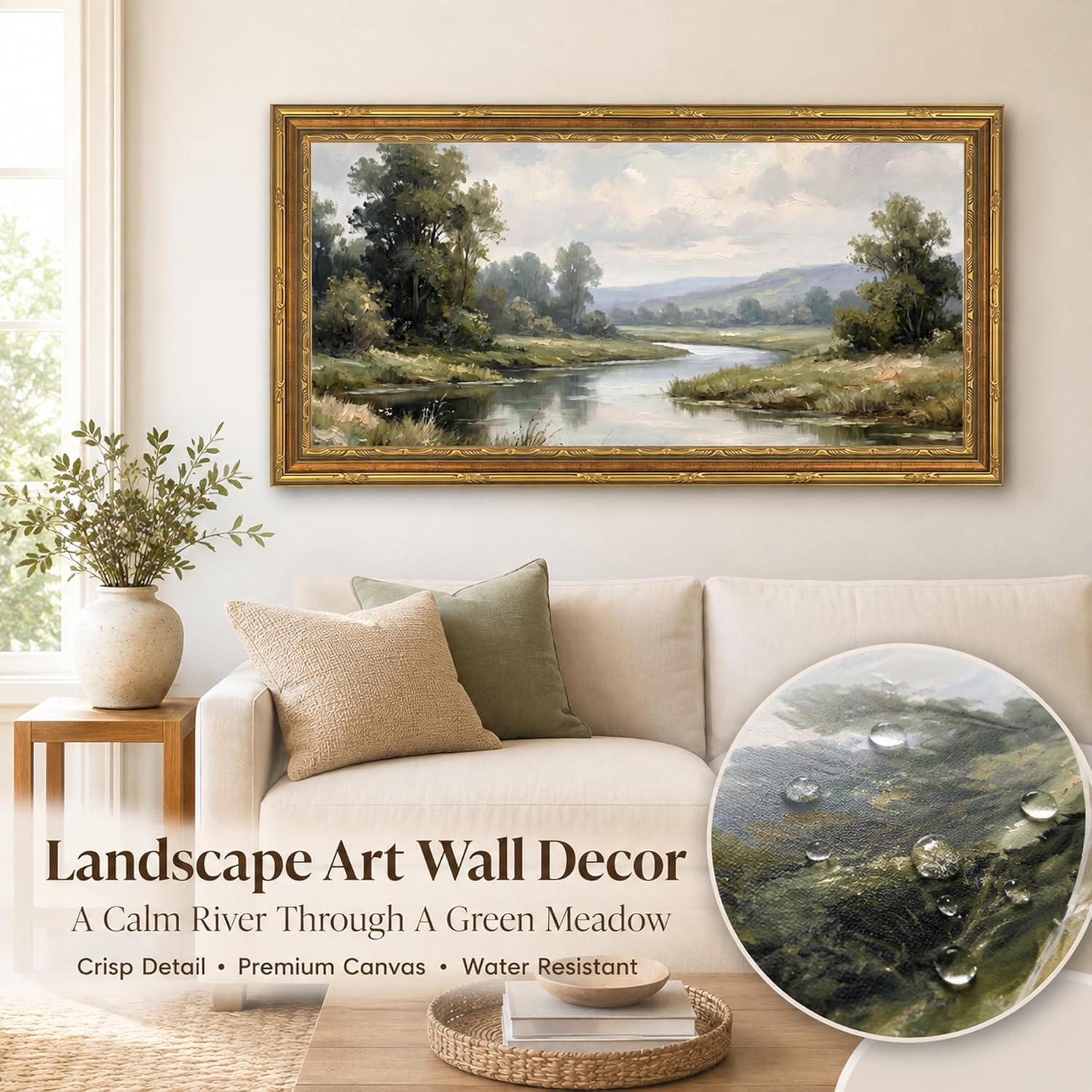 Framed Large Vintage Rustic Countryside River Landscape Wall Art 20×40in