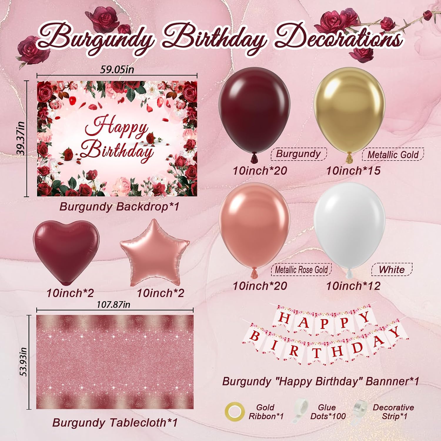 Burgundy Birthday Decorations, Burgundy Rose Gold White Balloons Happy Birthday Banner Tablecloth Backdrop for Happy Birthday Decorations for Women Adults