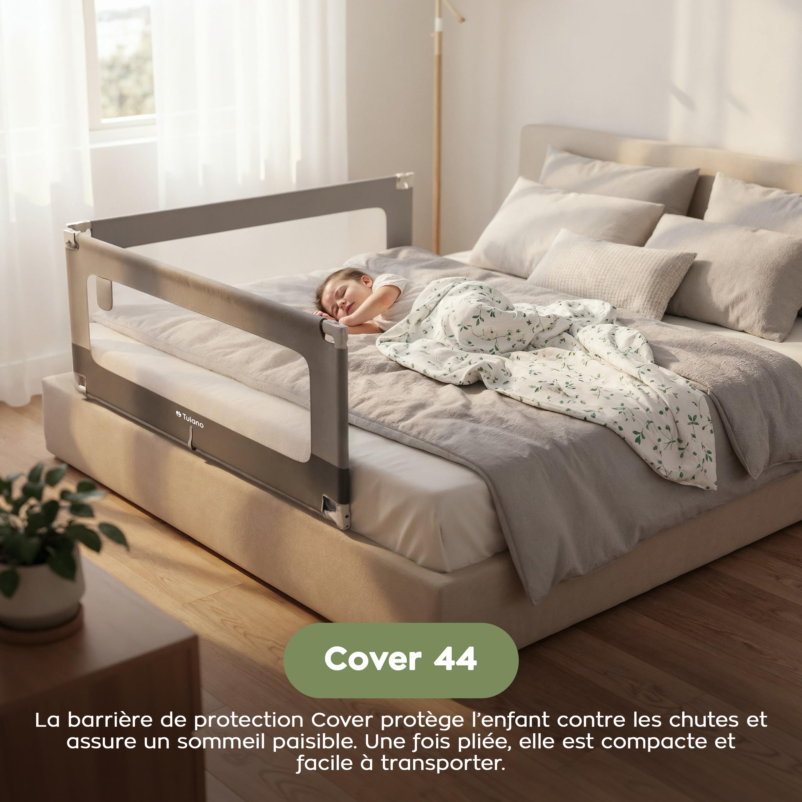 TULANO Cover 44 Barrière de lit Enfant 140 cm, avec Poche latérale, Gris