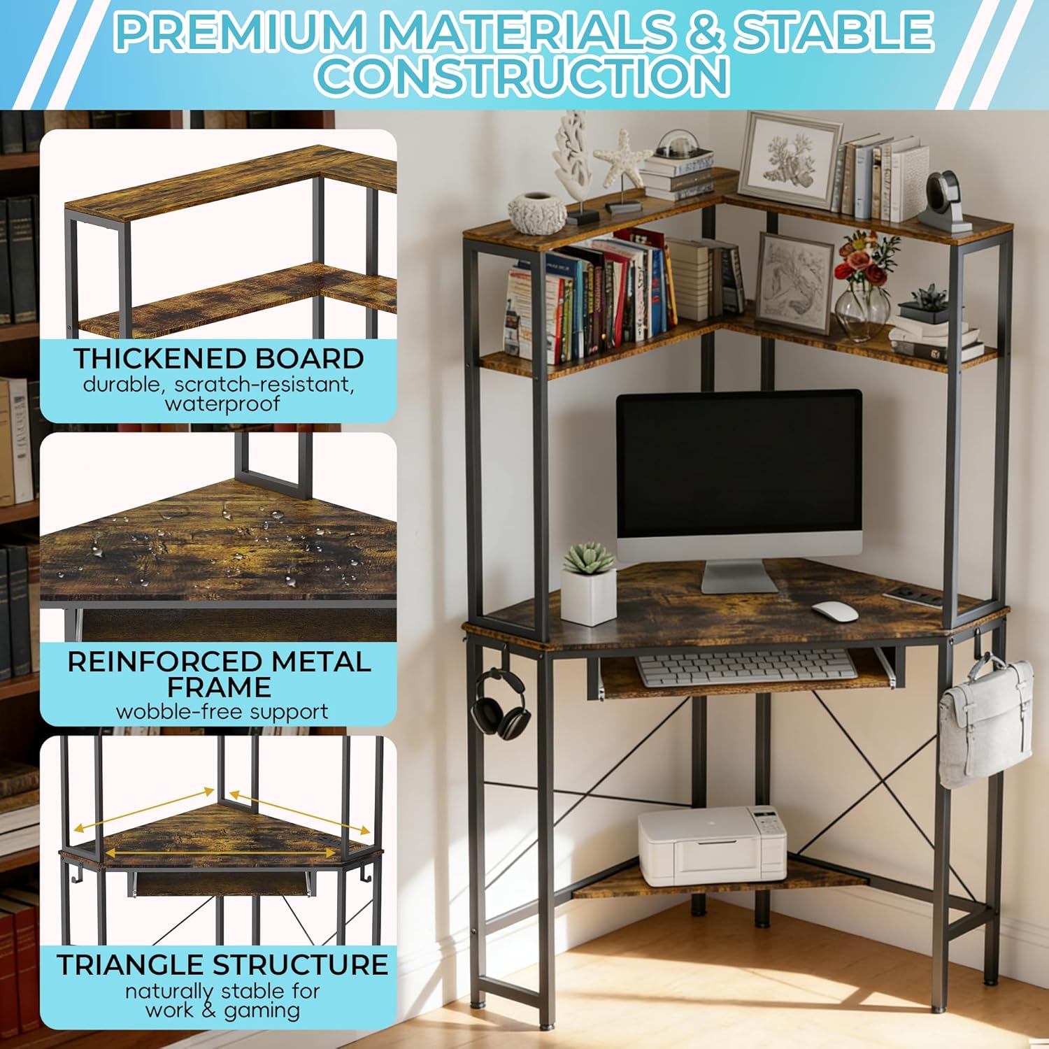 Corner Desk with Hutch and LED Lights, Corner Computer Desk with Keyboard Tray and Monitor Stand, Small Computer Desk for Small Spaces, Home Office（Rustic Brown）