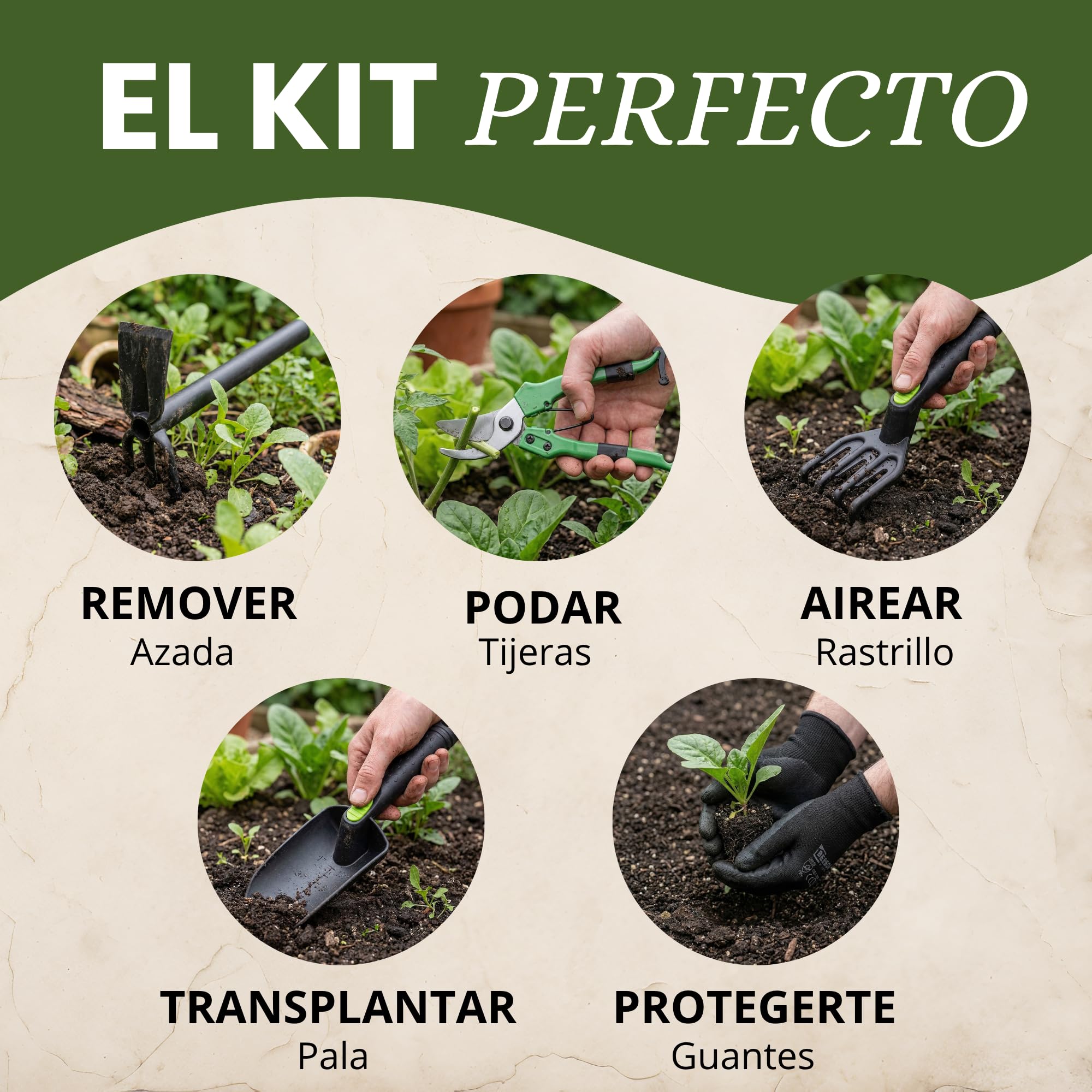 Kit 5 Herramientas de jardinería Resistente de Fibra de Vidrio Ideal para jardín, huerto Urbano o terraza | Kit jardineria Completo Que Incluye: Pala, Rastrillo, Azada, Tijeras de Podar y Guantes. - 3