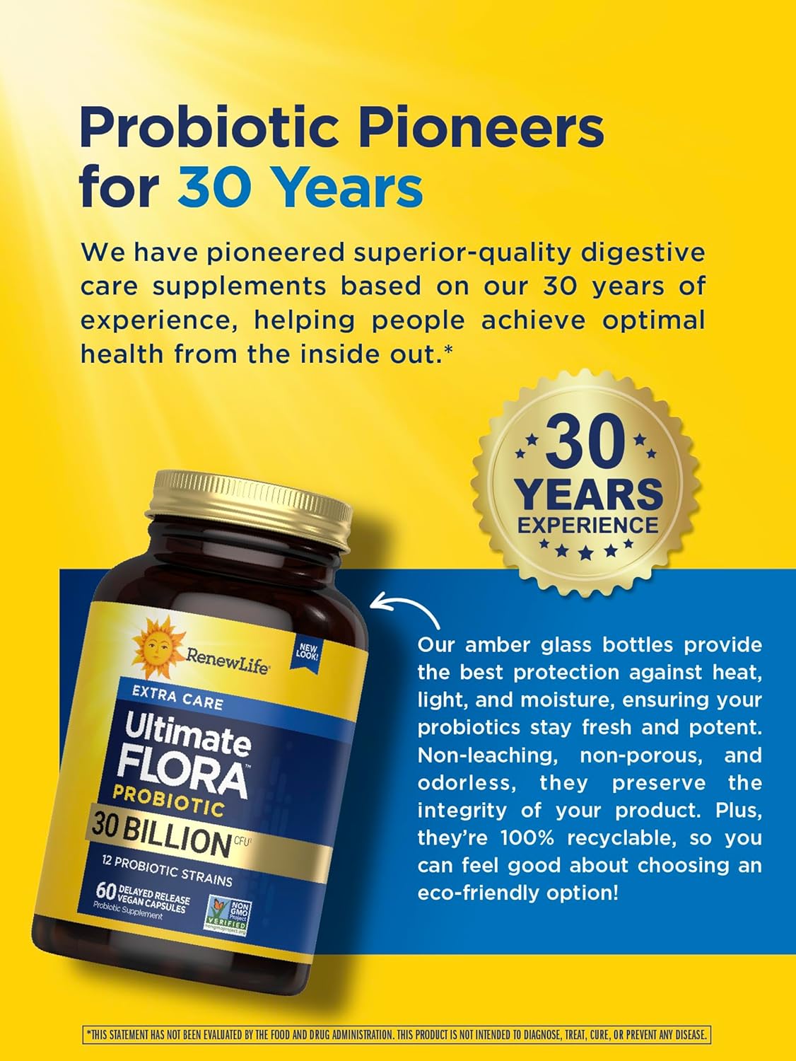 Renew Life Adult Probiotics 30 Billion CFU Guaranteed, 12 Strains, For Men & Women, Shelf Stable, Gluten Dairy & Soy Free, Ultimate Flora Extra Care, 60 Count, Pack of 1