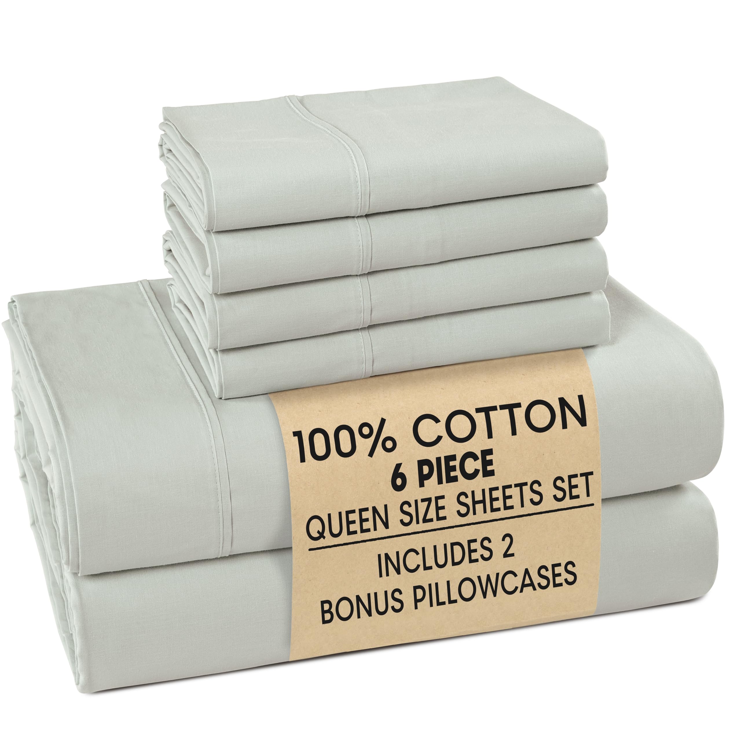 Casa Platino 100% Cotton Sheets Queen Size Set - 6 Pieces (1 Flat, 1 Fitted, 4 Pillowcases) - Soft & Breathable Percale Weave - Cooling Bed Sheets with Deep Pockets - Durable Queen Sheet Set - Silver