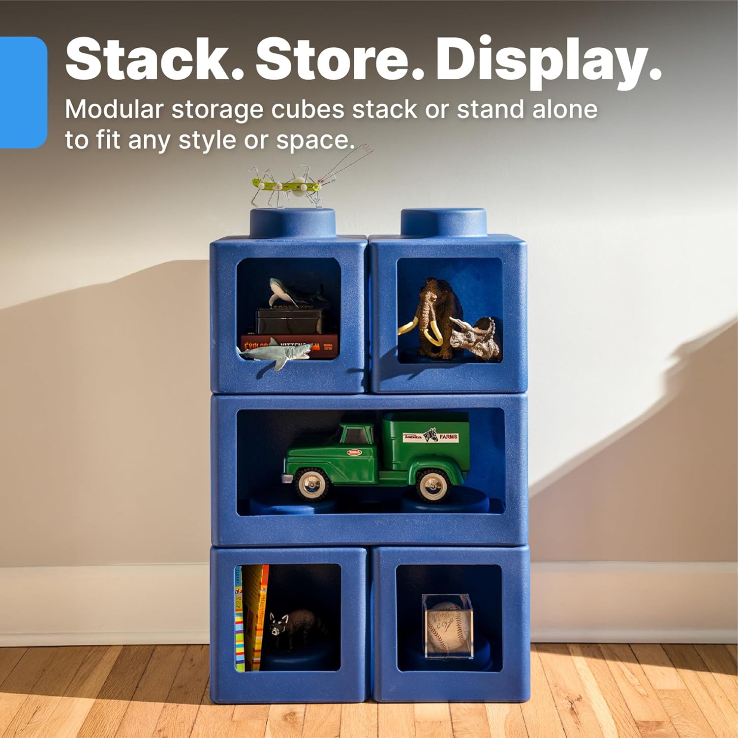 Step2 Contemporary Builders Stackable Storage Cubes, Modular Building Block Kids Toy Organizer Set, 5-Piece, Open-Front, Blue