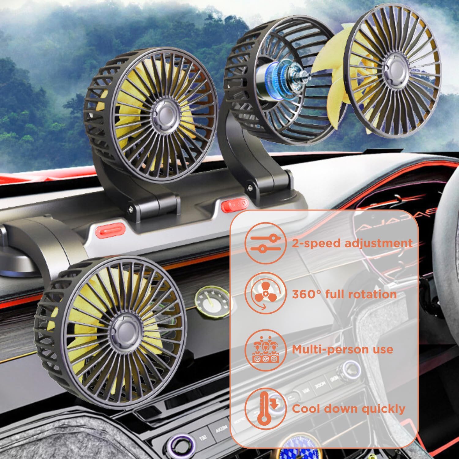 Crethinkaty 12V Car Fan, Three-Head 360° Rotation, 2 Speeds, 51-In Cord | Plug-in vehicle fan with triple heads for adjustable airflow in cars, SUVs, RVs and boats