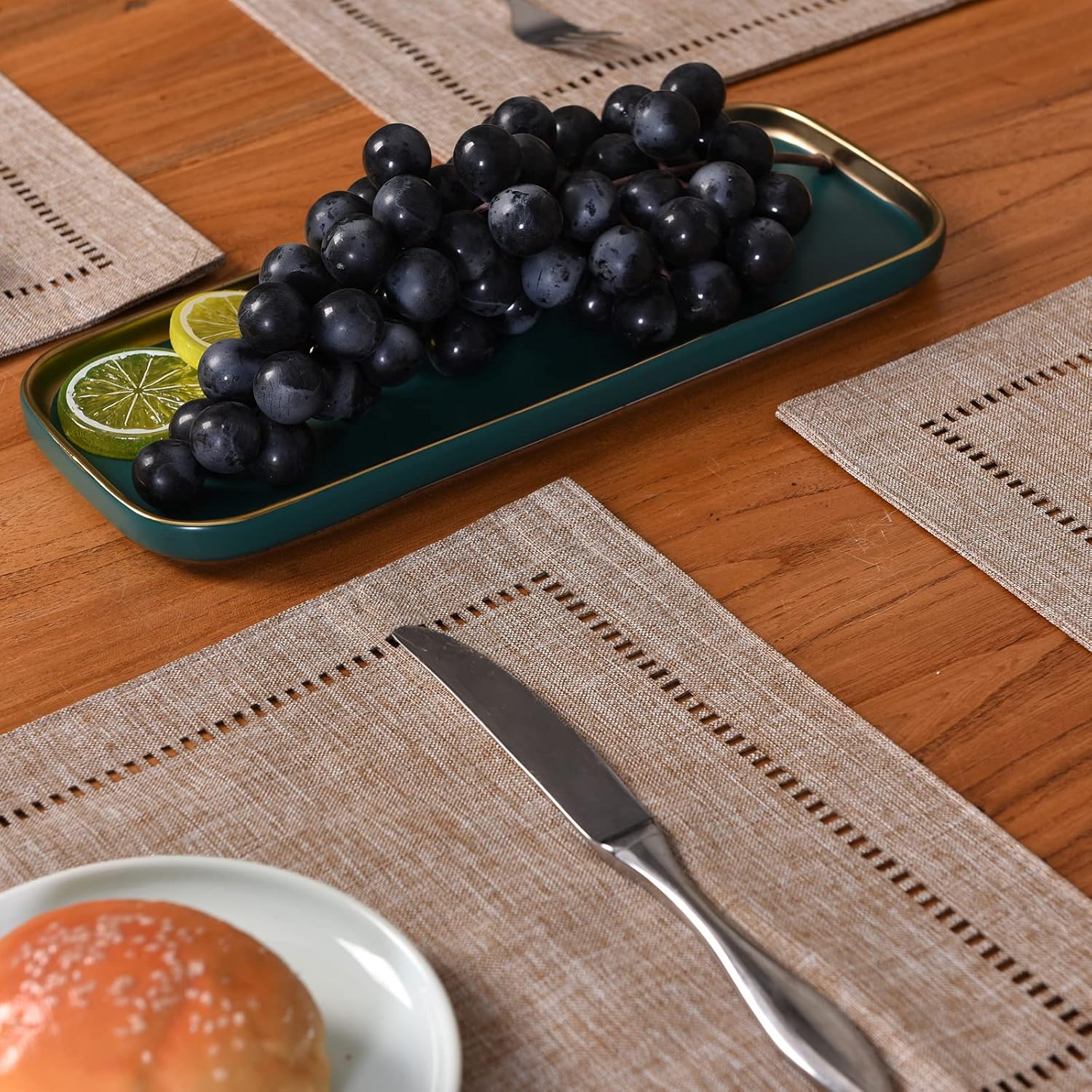 Tosewever Set of 6 Decorative Linen Placemats 12 x 18 Inches, Farmhouse Style Table Mats for Everyday Dining Wedding Party Holiday Home Decor (6 Pieces 12 x 18”, Light Coffee/Straight)