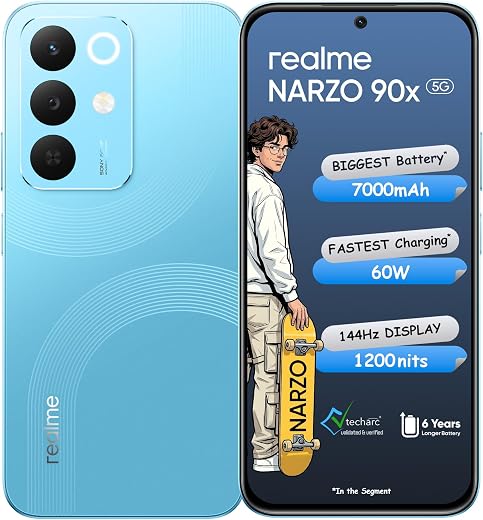 realme NARZO 90x 5G (Aqua Blue,6GB+128GB) | 7000mAh + 60W Biggest Battery &amp; Fastest Charging in The Segment* | 144Hz Brigh...