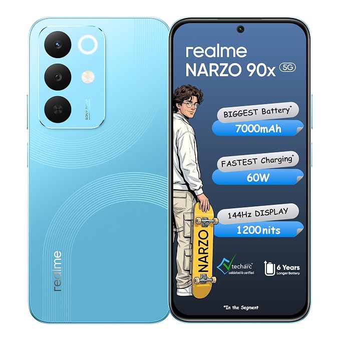 realme NARZO 90x 5G (Aqua Blue 2026, 4GB+128GB) 7000mAh + 60W Biggest Battery & Fastest Charging in the Segment* 144Hz Bright Display Sony 50MP AI Rear Camera 400% Ultra Boom Speaker