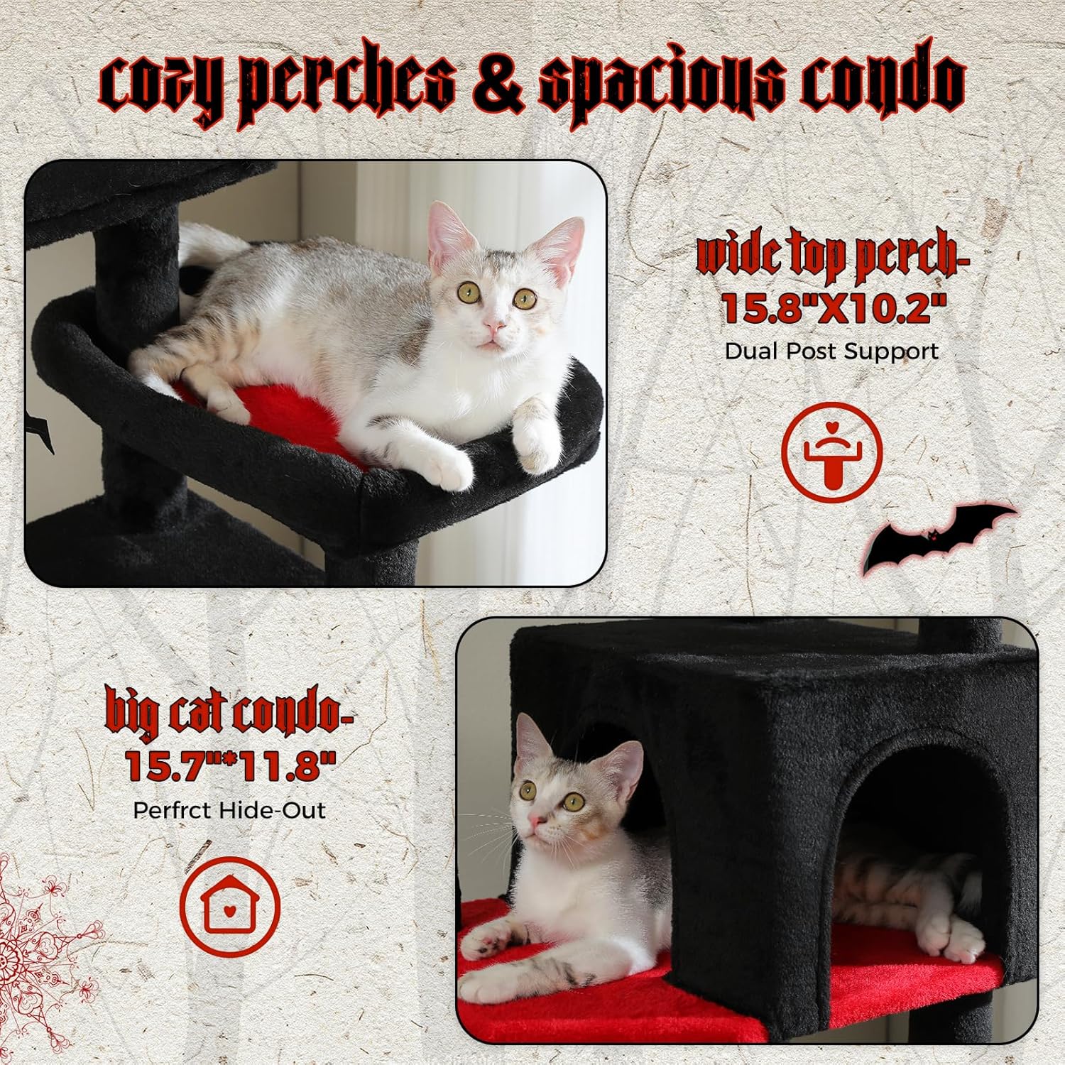 PETEPELA Cat Tree, 69-Inch Gothic Cat Tower for Indoor Large Cats with Super Large Hammock, Tall Cat Climbing Tree Tower with Scratching Posts, Cozy Condo House and Top Perch, Black