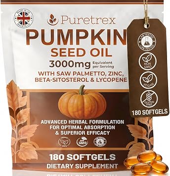 Pumpkin Seed Oil 3000mg Complex with Saw Palmetto & Beta-Sitosterol for Prostate & Hair Growth Support, DHT Blocker, 180 Vegan Softgels with BioPerine & Zinc, Made in UK