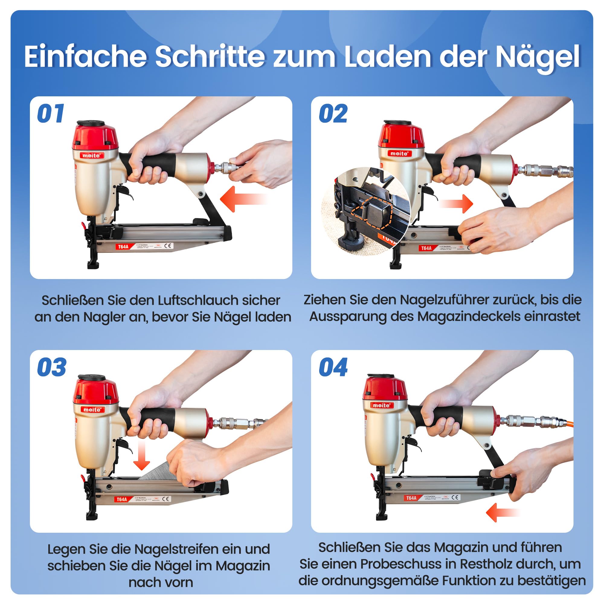 meite T64A Nagelpistole 16GA mit 2500 Stk. 50 mm Stauchkopfnägeln, für 32–64 mm Nägel, mit Tiefeneinstellung, Schnellverschluss-Nase, Sicherheitsnase, 100er Magazin