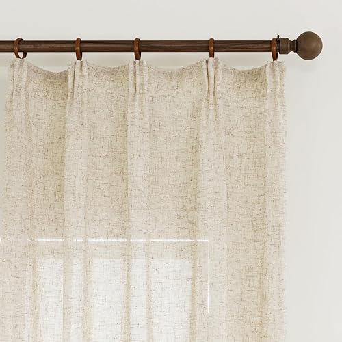 Burlap Linen Semi Sheer Curtains 84 Inches Long, Neutral Flax Light Filtering Curtains & Drapes, Beige Retro Window Treatments, Rustic Farmhouse Pinch Pleat Ceiling Curtain with Hooks