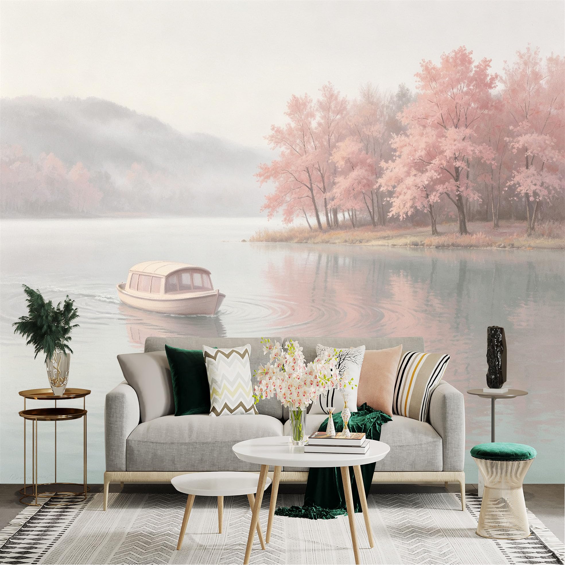 Custom Size Wall Sticker Mural， Pink Spring Trees by Quiet Lake， Serene Boat on Foggy Water， Peaceful Nature Scenery， for wall Decoration， peelandstick wall Decals.
