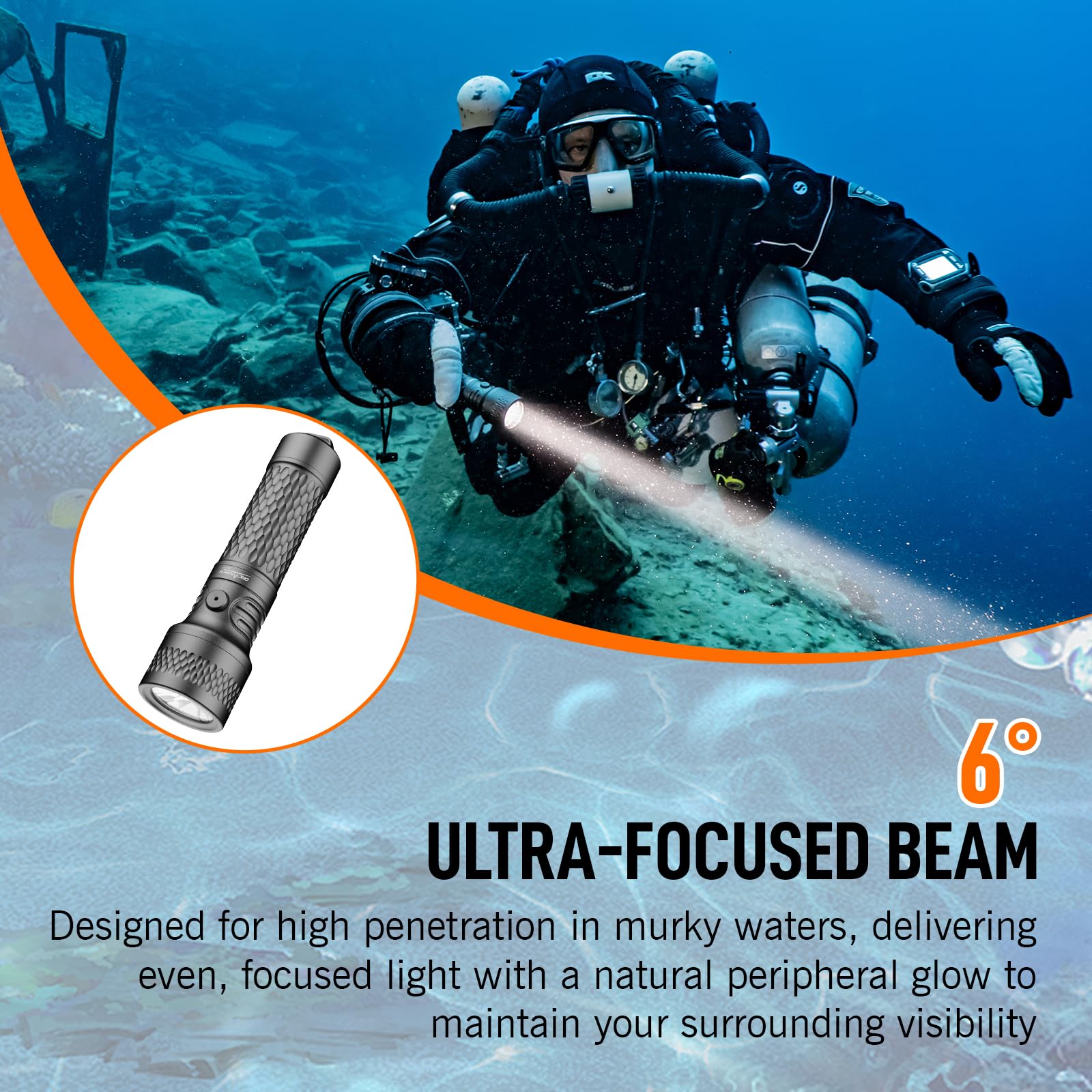 ORCATORCH ORCA7 Tauchlampe, 3000 Lumen Unterwasser Taschenlampe, 6° Punktstrahl Tauchlicht mit SOS-Modus, IP68 Wasserdicht bis 150m für Nachttauchen, Höhlenforschung & Technisches Tauchen (Grau)