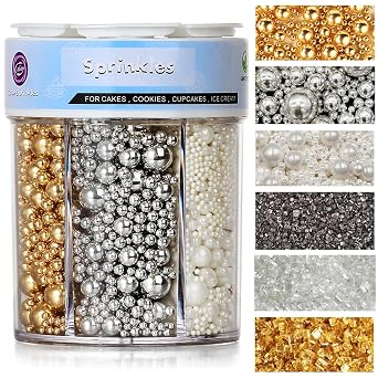 Sprinkles for Cake Decorating, 11Oz 3 Colors Gold Silver White Pearl and Sanding Sugar Sprinkles Mix for Cake Cupcake Ice Cream Donuts Cookie Baking Toppings