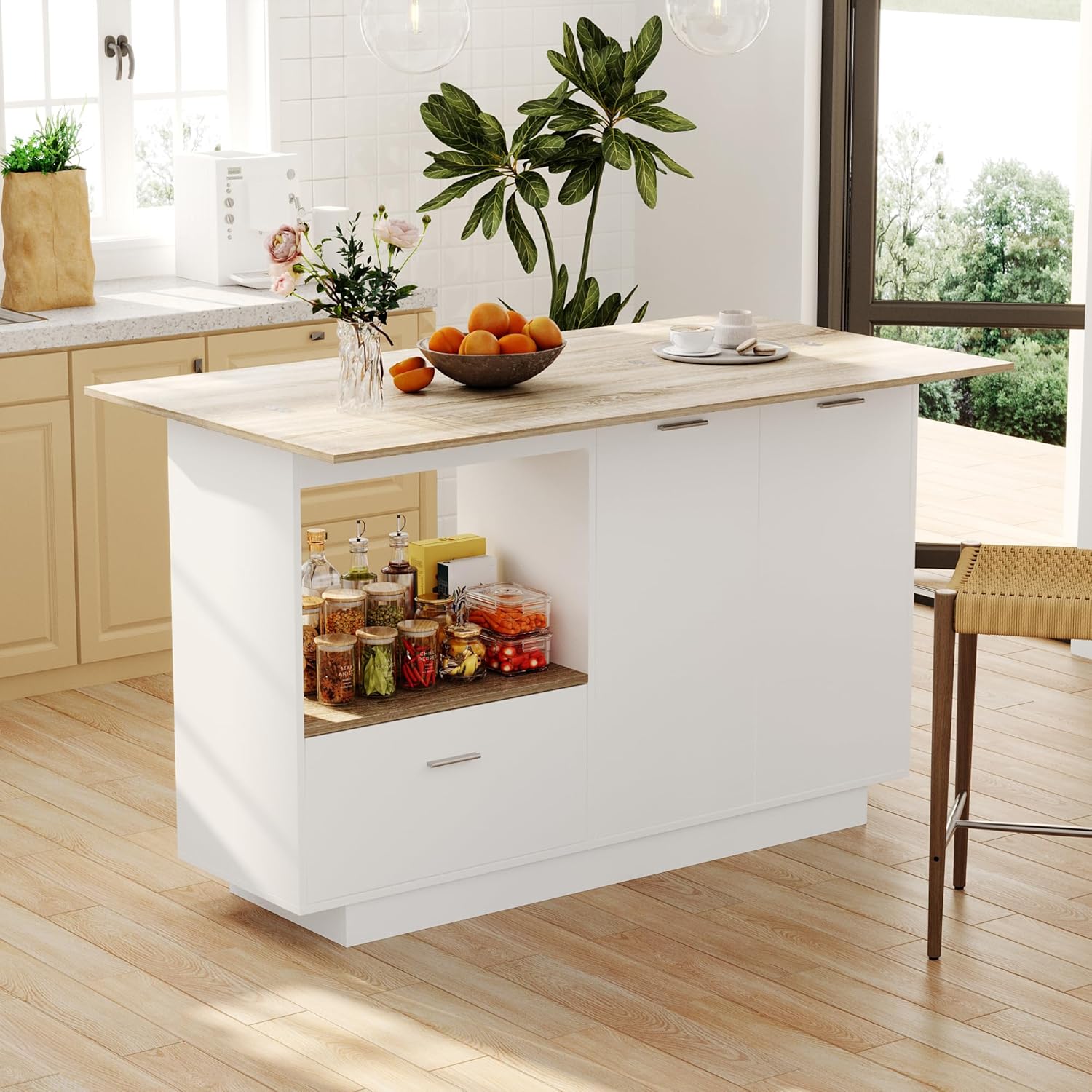 ECACAD 59.1" L Kitchen Island with Lots Storage & Foldable Brown Counter Top, Wood Kitchen Prep Table Stationery Storage Cabinet with Drawers, Shelves & Doors for Dining Room, Brown & White