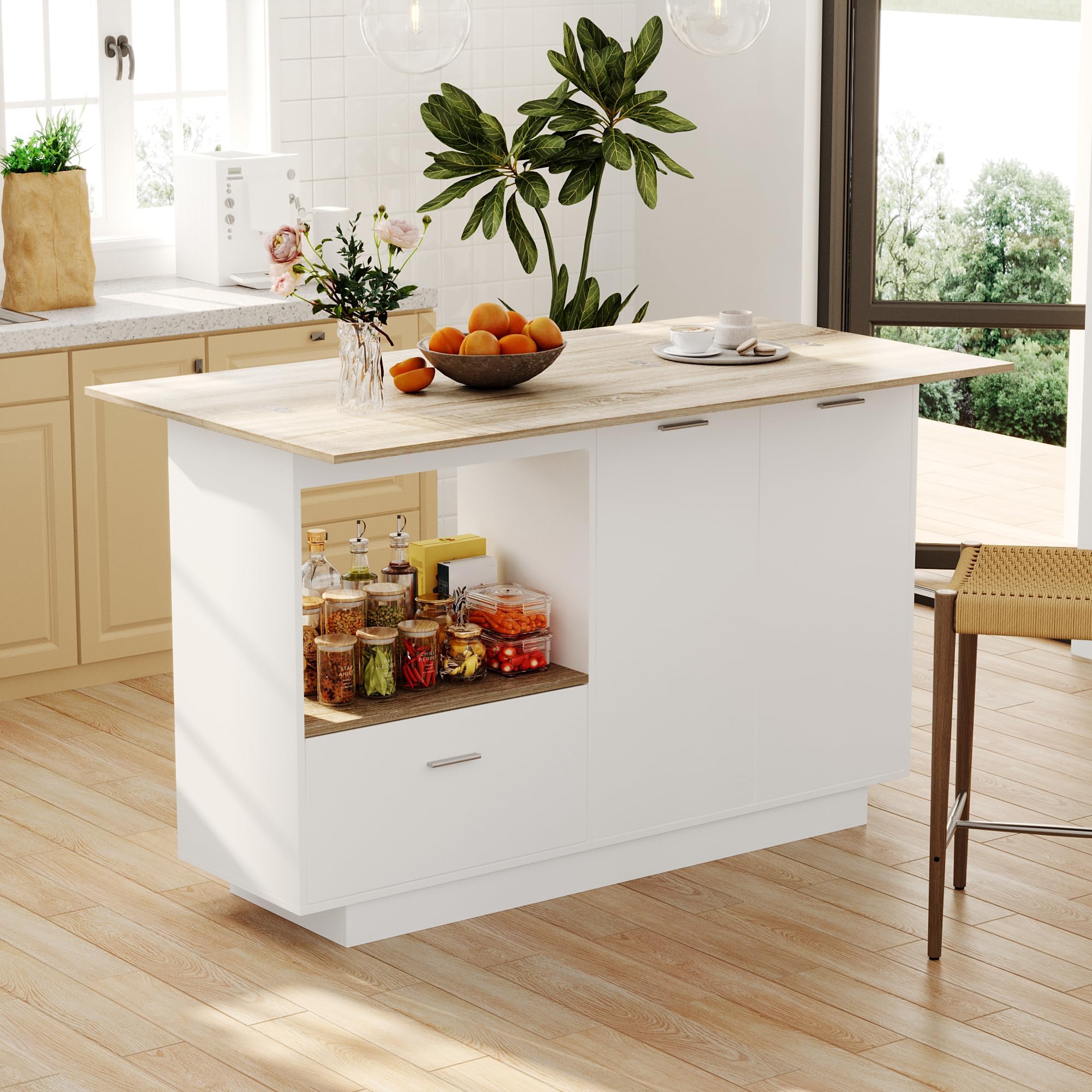 ECACAD 59.1" L Kitchen Island with Lots Storage & Foldable Brown Counter Top, Wood Kitchen Prep Table Stationery Storage Cabinet with Drawers, Shelves & Doors for Dining Room, Brown & White