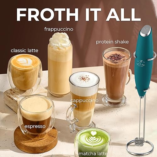 Vista 1296 de Zulay Kitchen - Espumador de leche de mano con pilas AA Duracell: batidora de bebidas resistente para café, latte, capuchino y más, color aurora