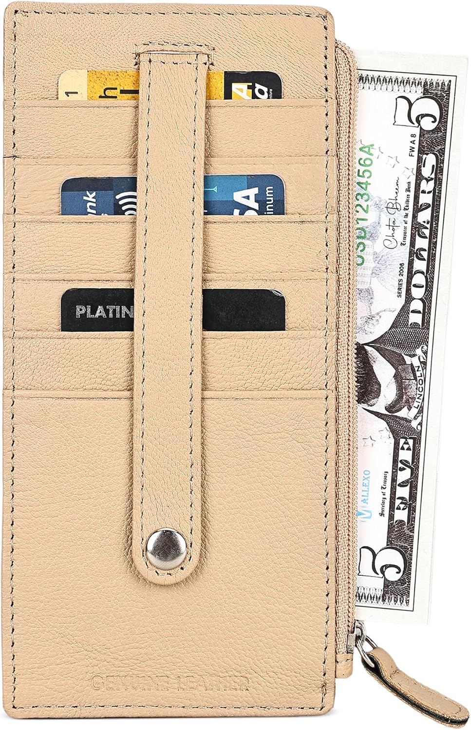 Leatherboss Genuine Leather Women's All in One Credit Business Card Case Holder Slim Zipper Wallet With a Card Protection Strap, Beige - Image 3